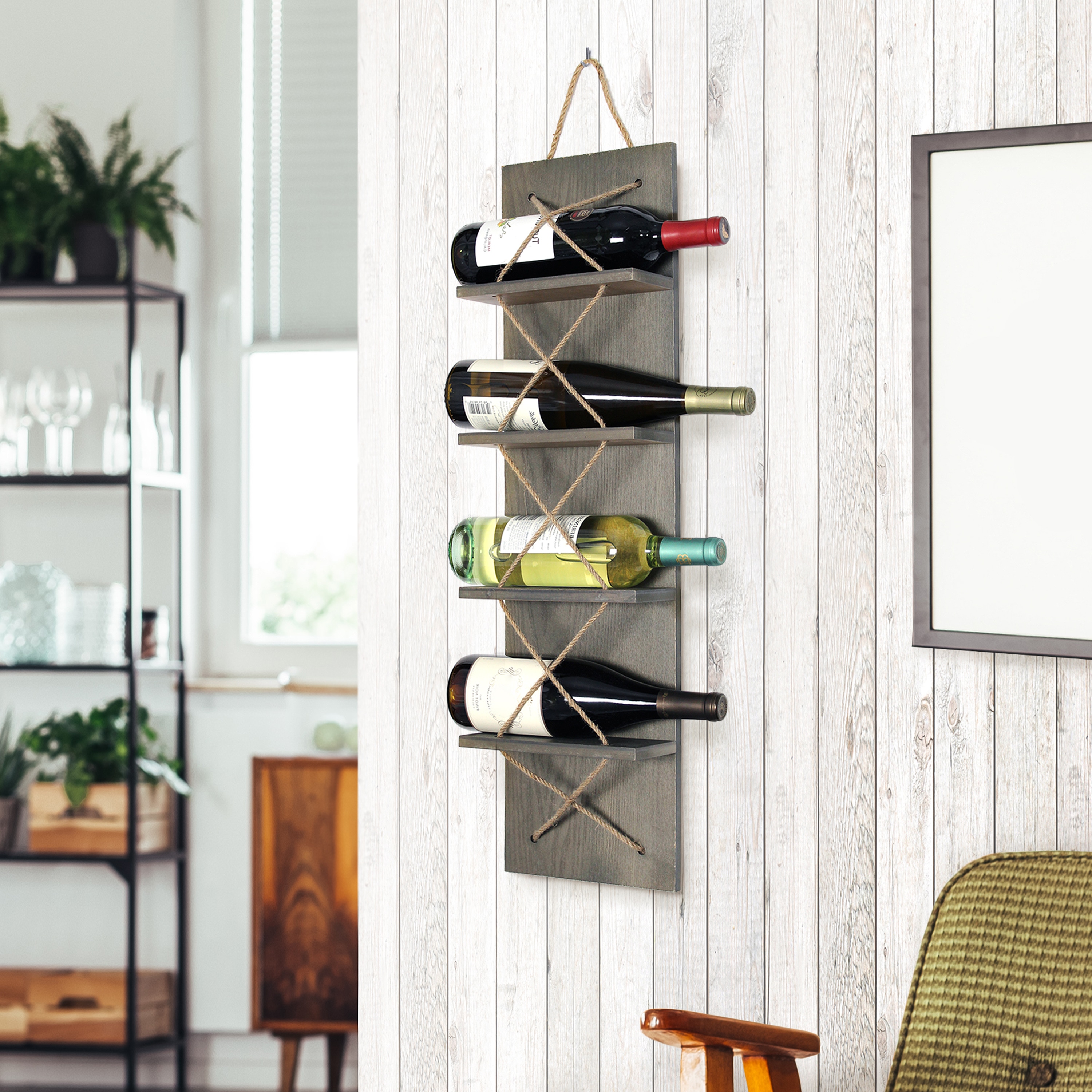 Rustic Gray Pine Wood Wall-Mounted Wine Rack with Natural Rope Accents