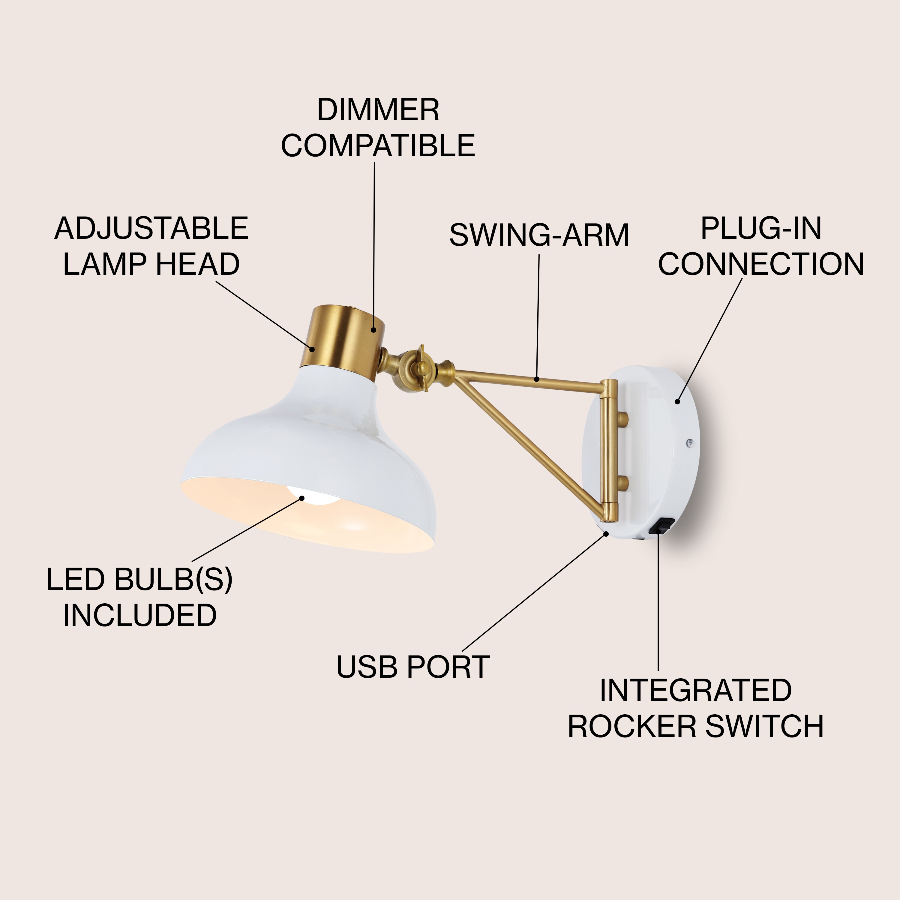 White and Brass Gold Iron Swing Arm Wall Sconce with USB Charging Port