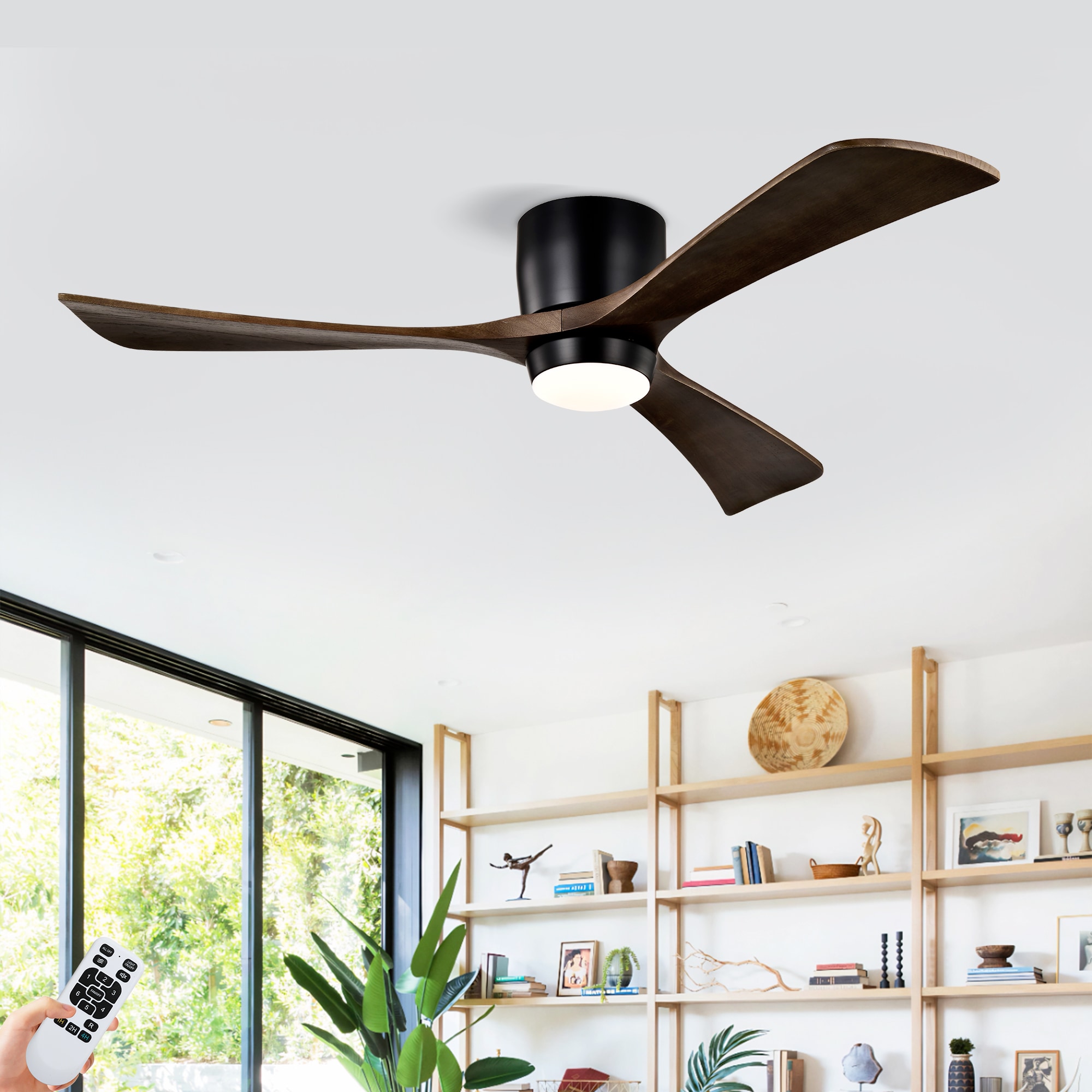 YOTOO 52 Inch Flush Mount Ceiling Fan with Light Matte Black Housing Black Walnut Solid Wood Blades 15W 3 Color LED 30W DC Reversible Quiet Motor 6 Speed 1H 4H Timing Remote Control for Bedroom Living Room