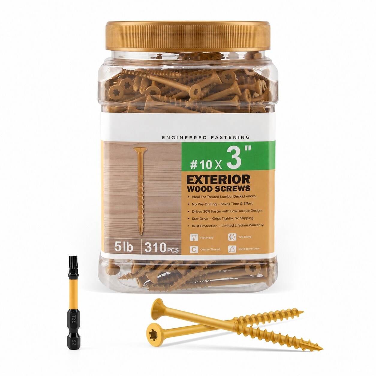 Phewnyzo  10 x 3 Inch Wood Screws 310 pcs Exterior Deck Screws Tan T25 Star Bit Included Ruspert Coated Self Tapping Flat Head Double Countersunk