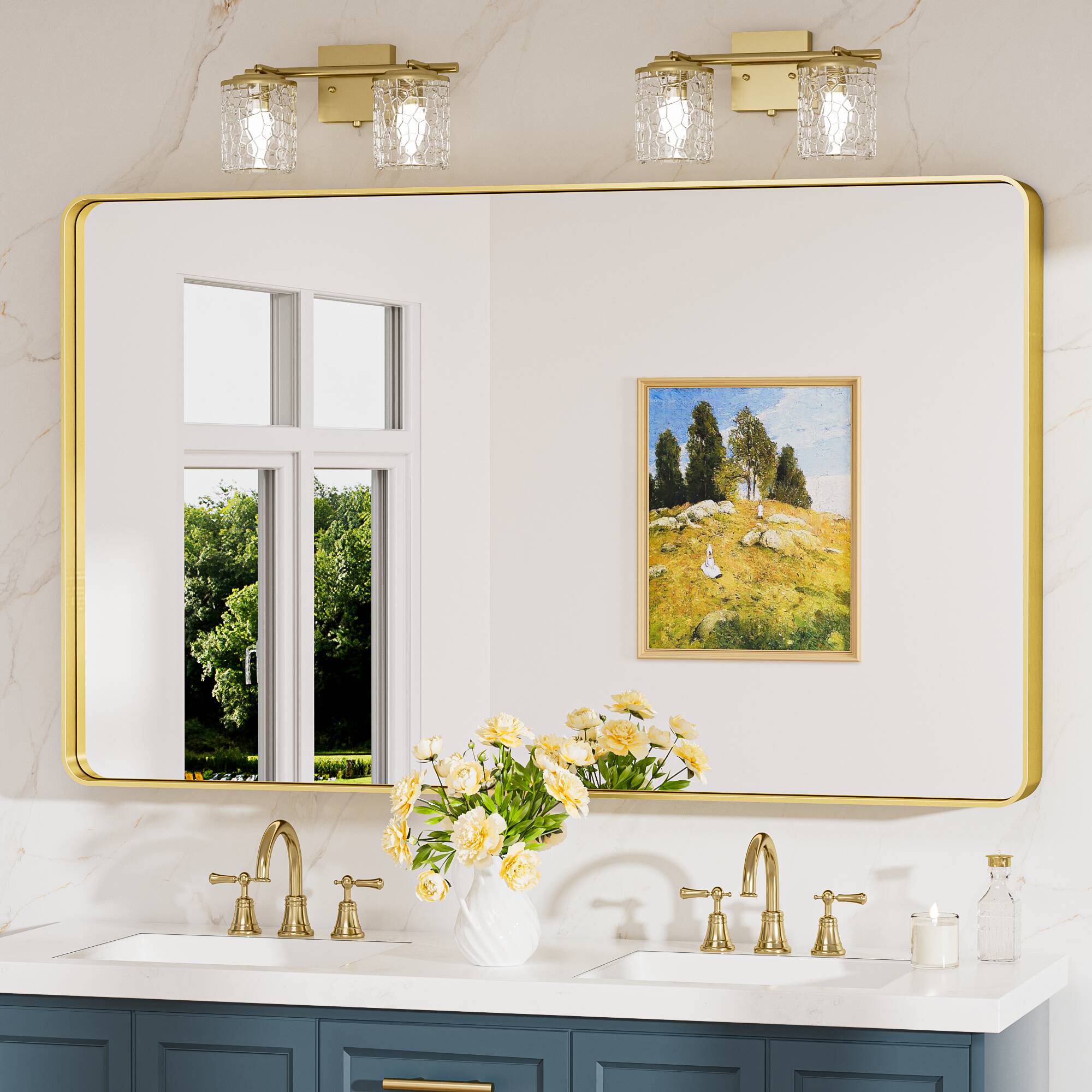 Keonjinn LW-JSKYJ2-12176GD Bathroom Mirrors 48-Inches W x 30-Inches H Rectangle Brushed Gold Framed Wall Mirror