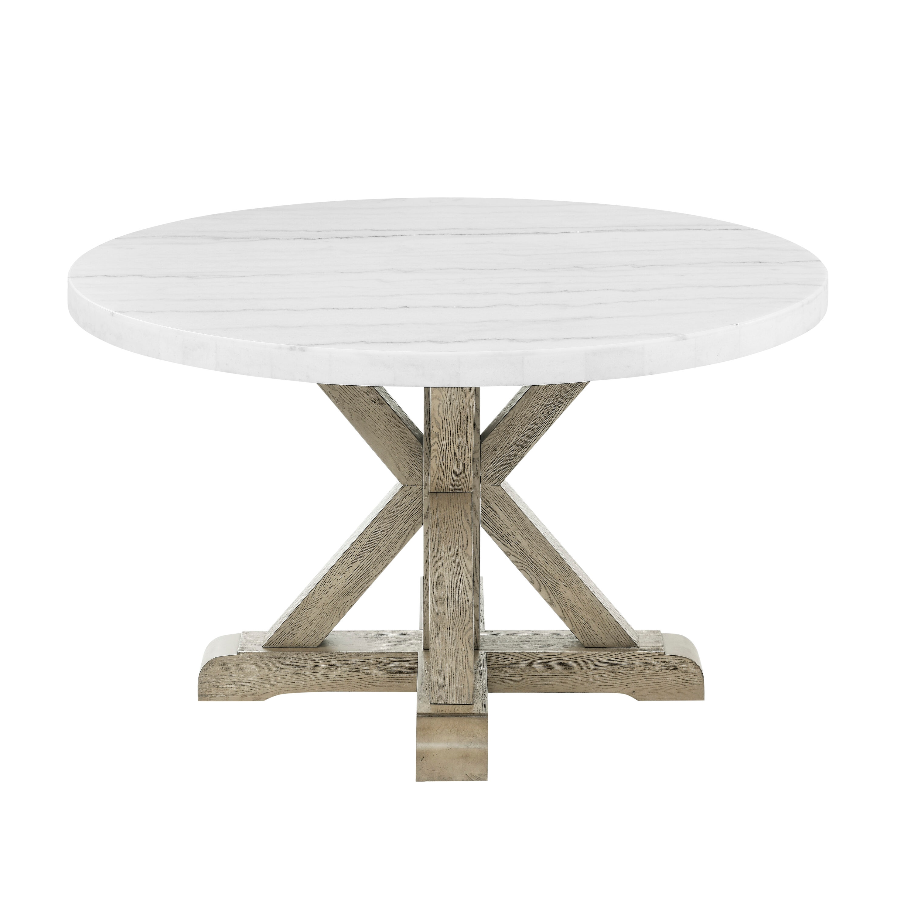 Steve Silver CA520-TB-D1PC White Round Contemporary/Modern Dining Table, Faux marble with Wheat Wood Trestle Base 52-in L x 30-in H