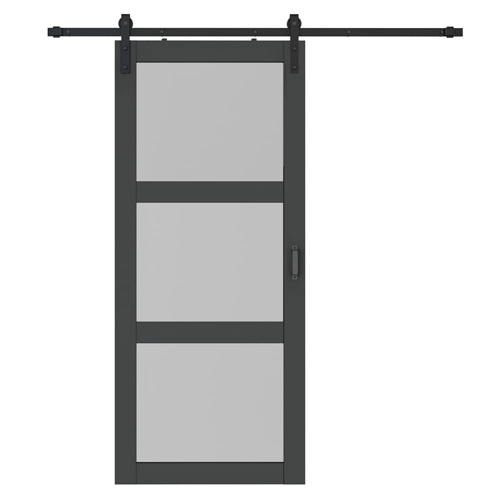 CALHOME PVC-F03-BLACK+SMK-72 36-in x 84-in Powder Coating with Frosted Glass Frosted glass Glass Solid core Single Barn Door (Hardware Included)