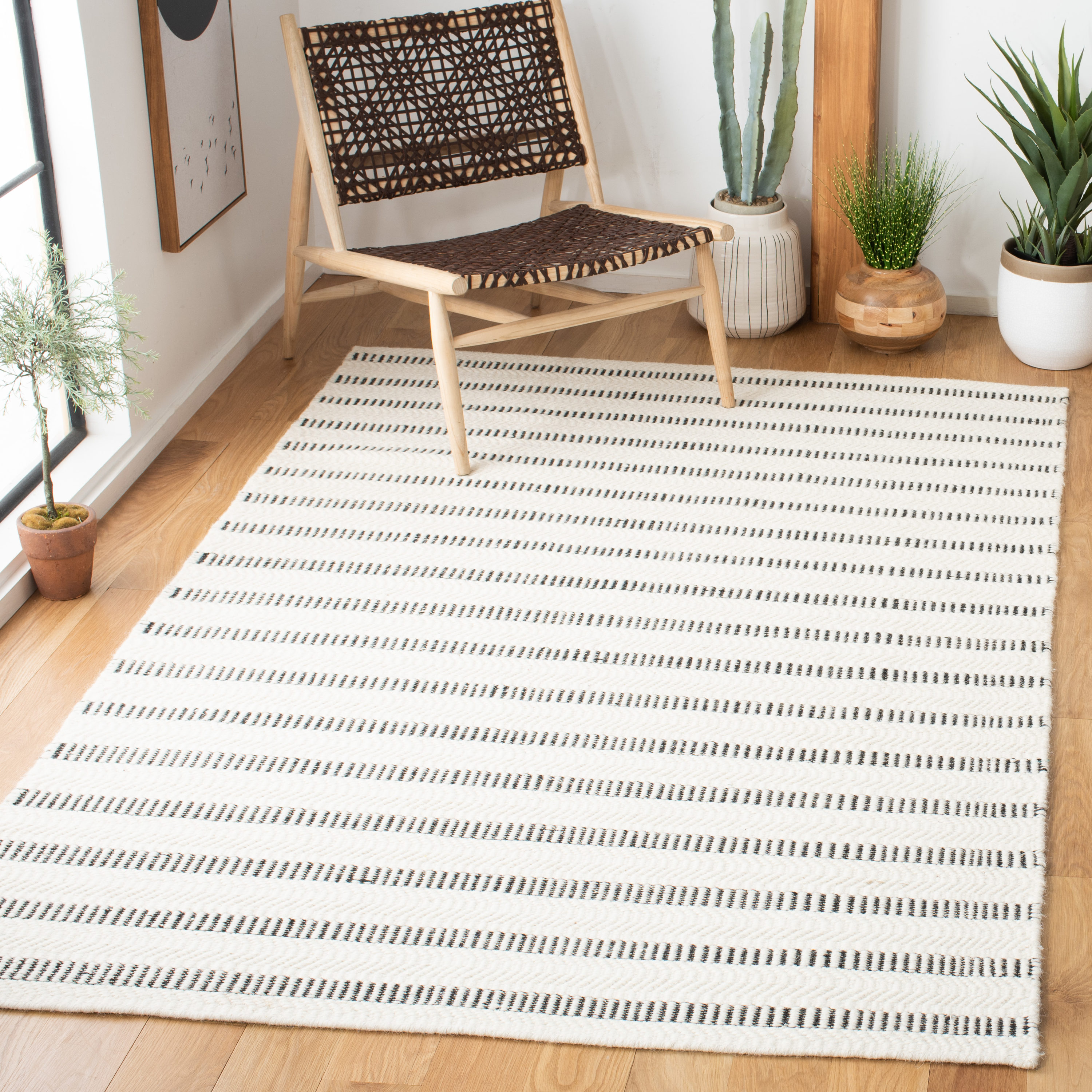 Black and Ivory Striped Wool 9' x 12' Handmade Rug