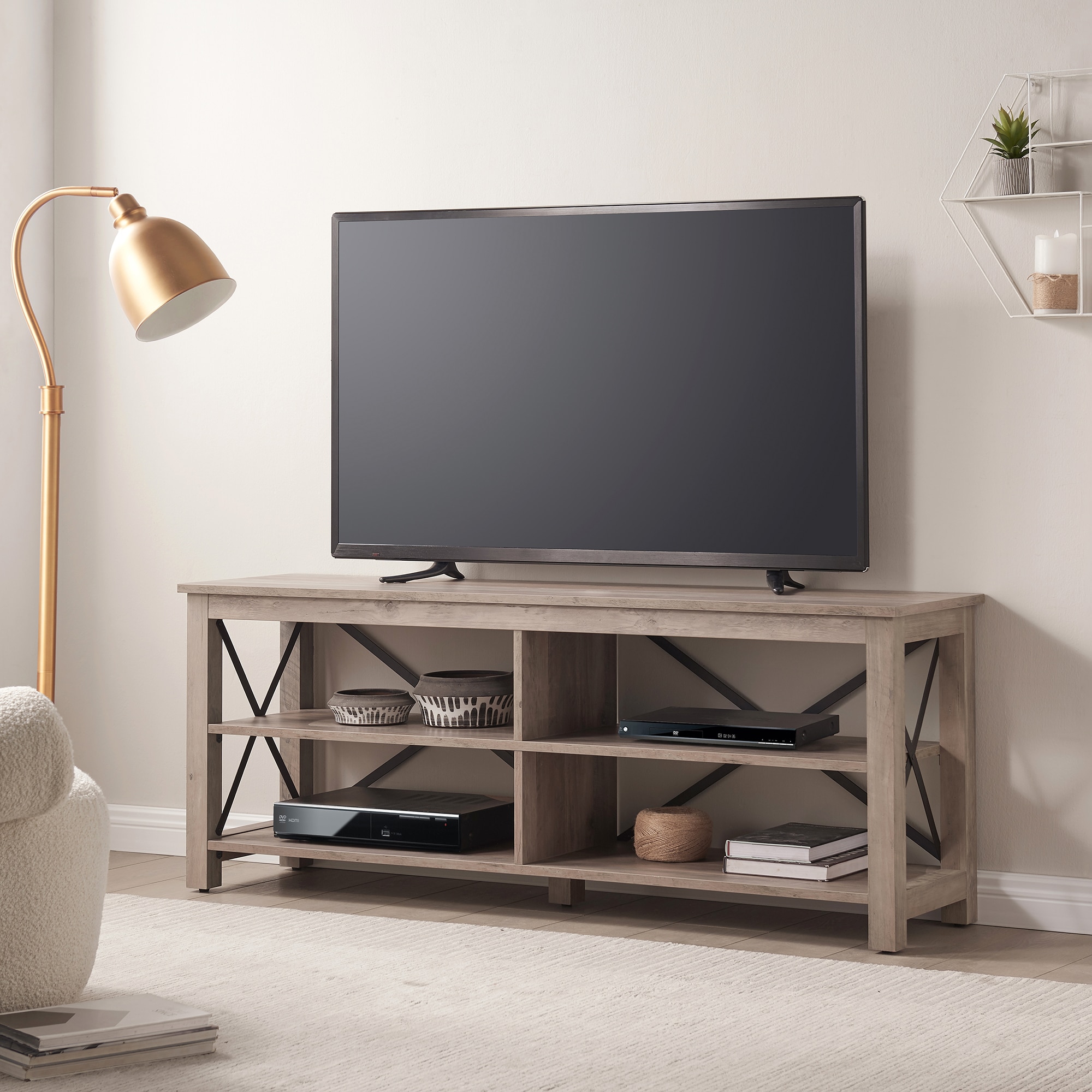 Curlew Modern Farmhouse 62" TV Stand in Gray Oak with Metal Accents