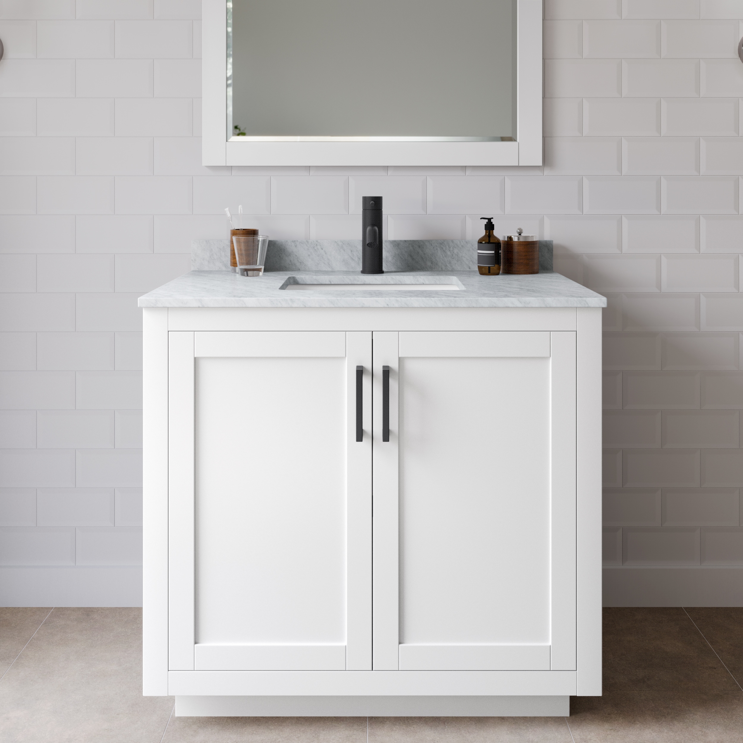 Wyndham Collection WCF292936SWBCMUNSM34 Miranda 36-in White with Matte Black Trim Undermount Single sink Bathroom Vanity with White Carrara Marble Marble Top (Mirror Included)