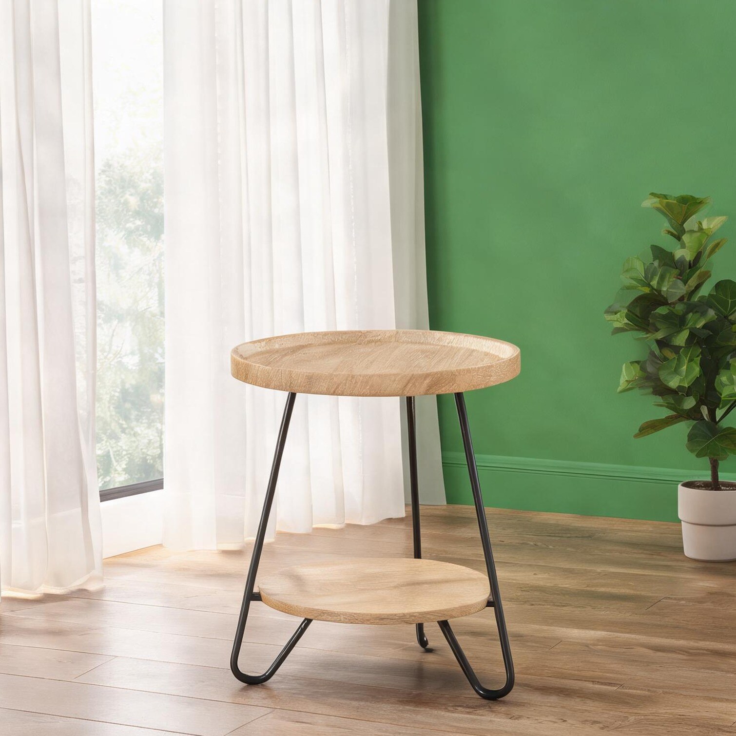 Watnature Metal and engineered wood round end table in black finish with anti-drop edge and lower shelf