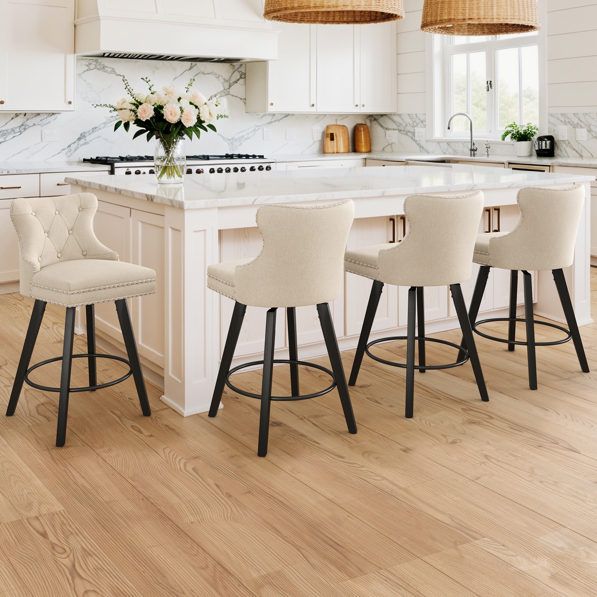 LUE BONA 4YB-122-01LS 4 -Set Linen Color 27-in H Counter height Square seat Upholstered Swivel Wood Bar Stool and Back