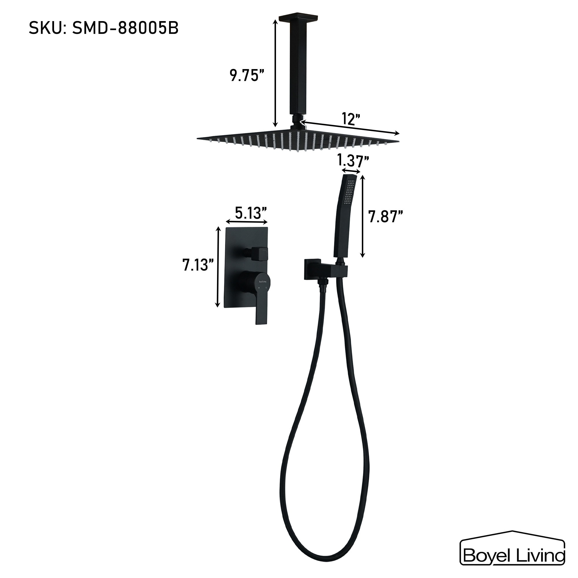 Boyel Living Exposed Pipe Complete Shower System 1-Spray Patterns with 2.5 GPM 8 in. Wall Mount Dual Shower Heads in Matte Black