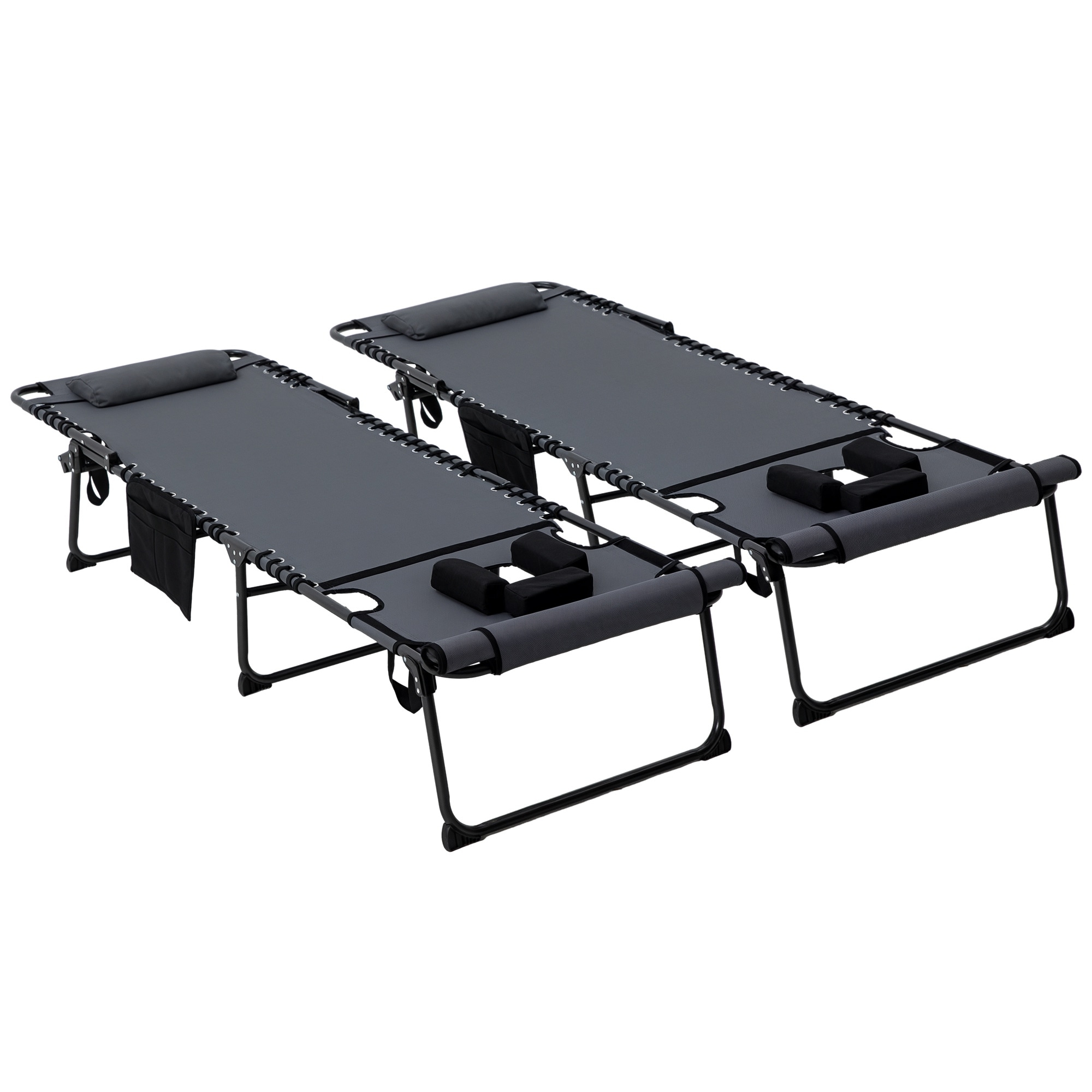 Outsunny 84G-269V01GY 2 Piece Folding Chaise Lounge with 5level Reclining Back Tanning Chair with Face Hole Outdoor Lounge Chair with Side Pocket  Headrest for Beach Yard Patio Gray