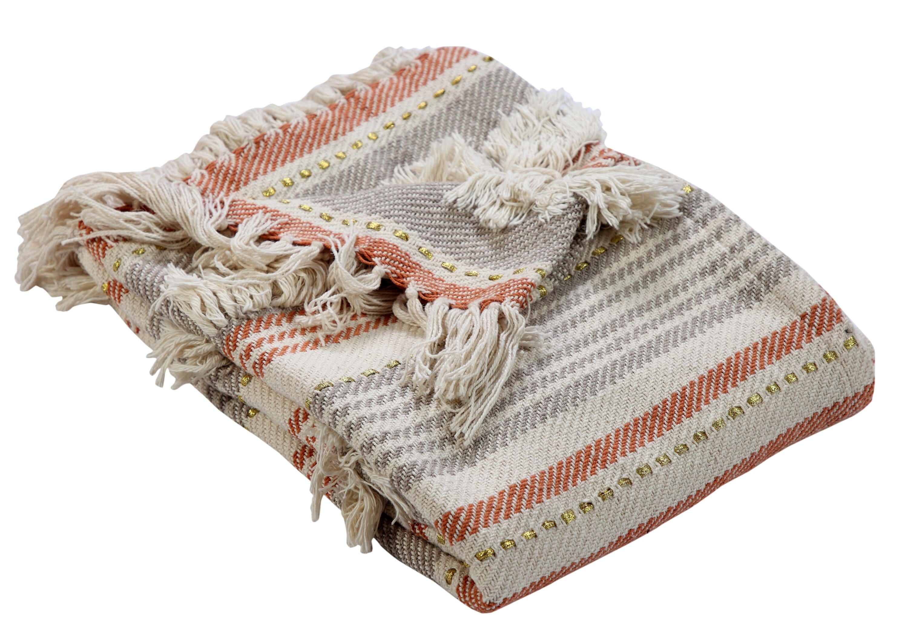 LR Home Beige Red Striped Hand Woven Organic Cotton Throw Blanket