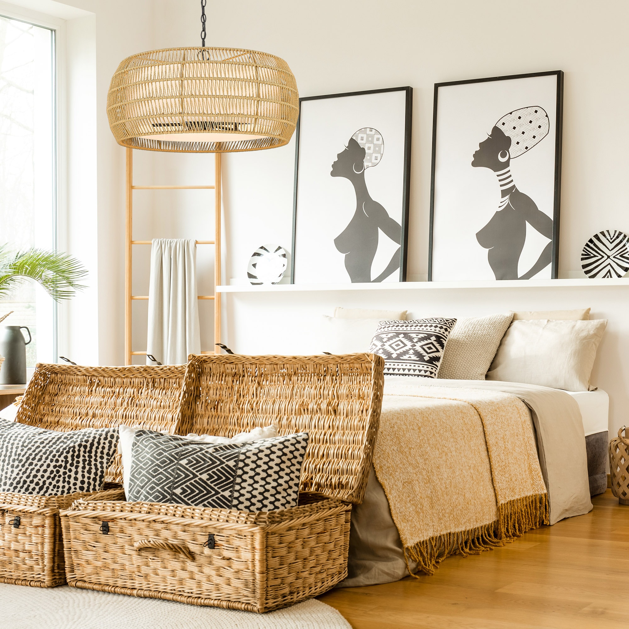 Natural Rattan and Black Steel 6-Light Drum Chandelier