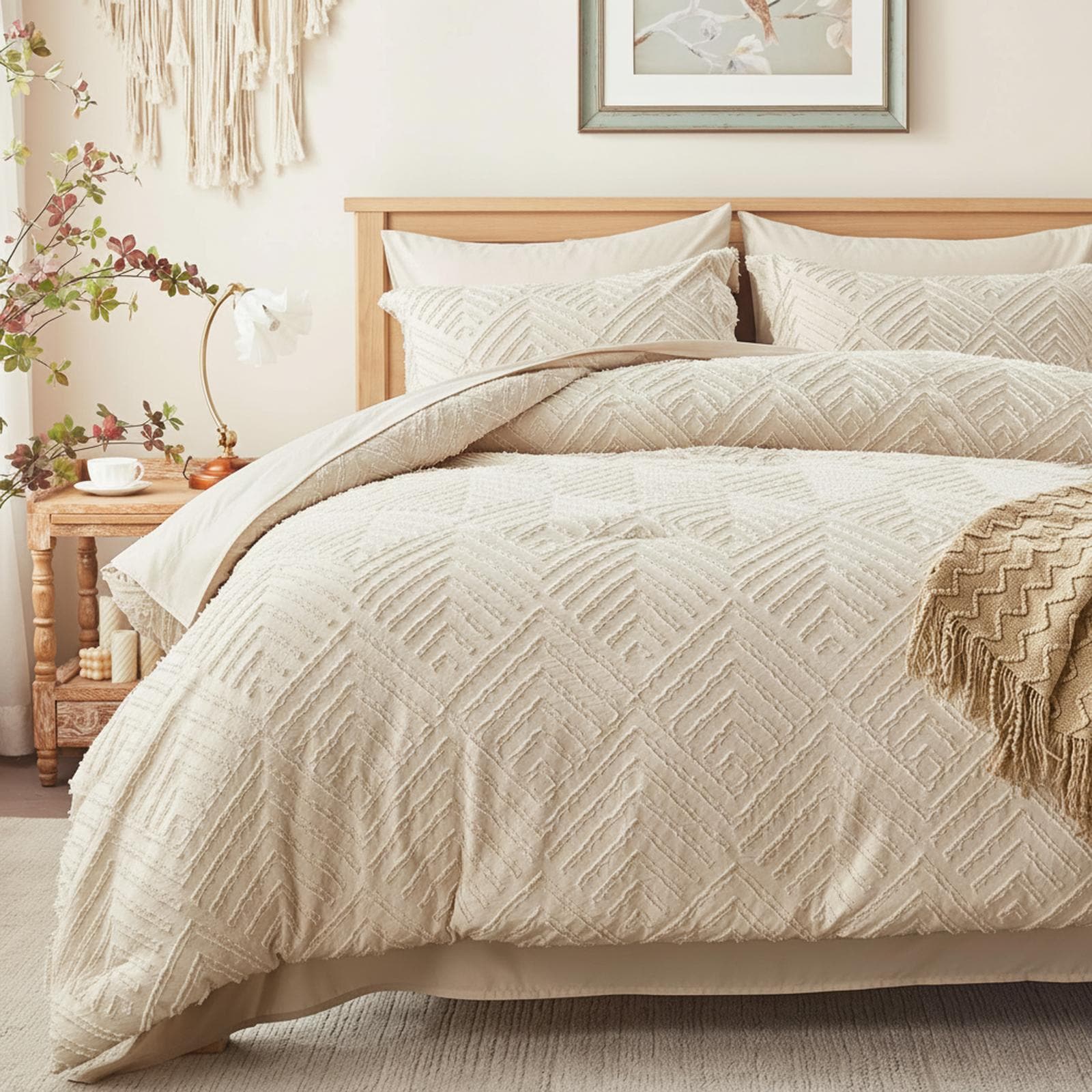OMOMMD Queen Comforter Tufted Boho Bedding All Season Cozy Soft with Pillow Shams Pillowcases Flat Fitted Sheet