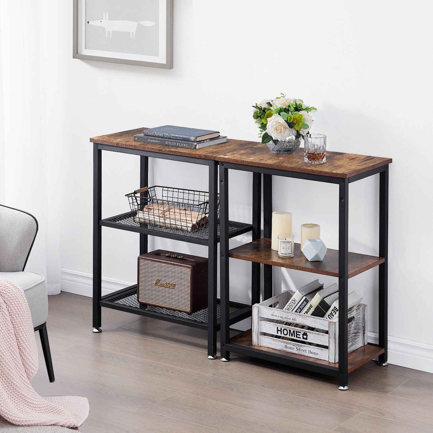 Vecelo LOE-XF-NT05-BRN-A2 Set of 2 Tall End Side Table 30in Height Nightstand with 3 Tier Storage Shelf for Living Room Bedroom Office Hallway Study Brown