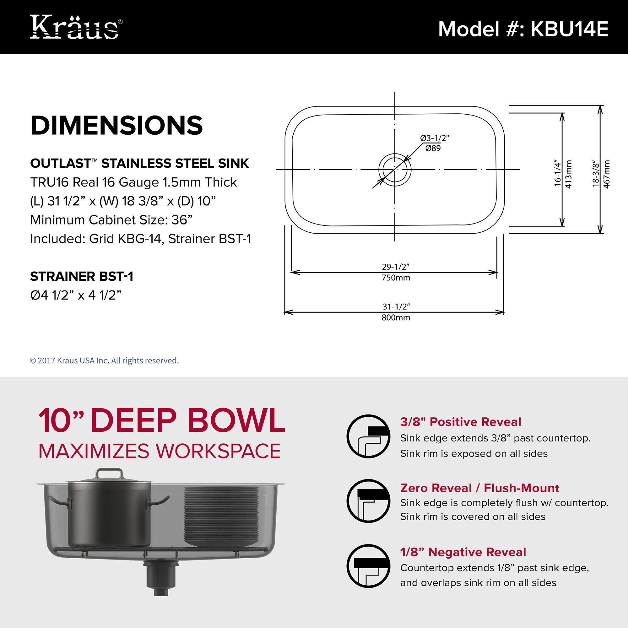 31.5" Stainless Steel Undermount Single Bowl Kitchen Sink