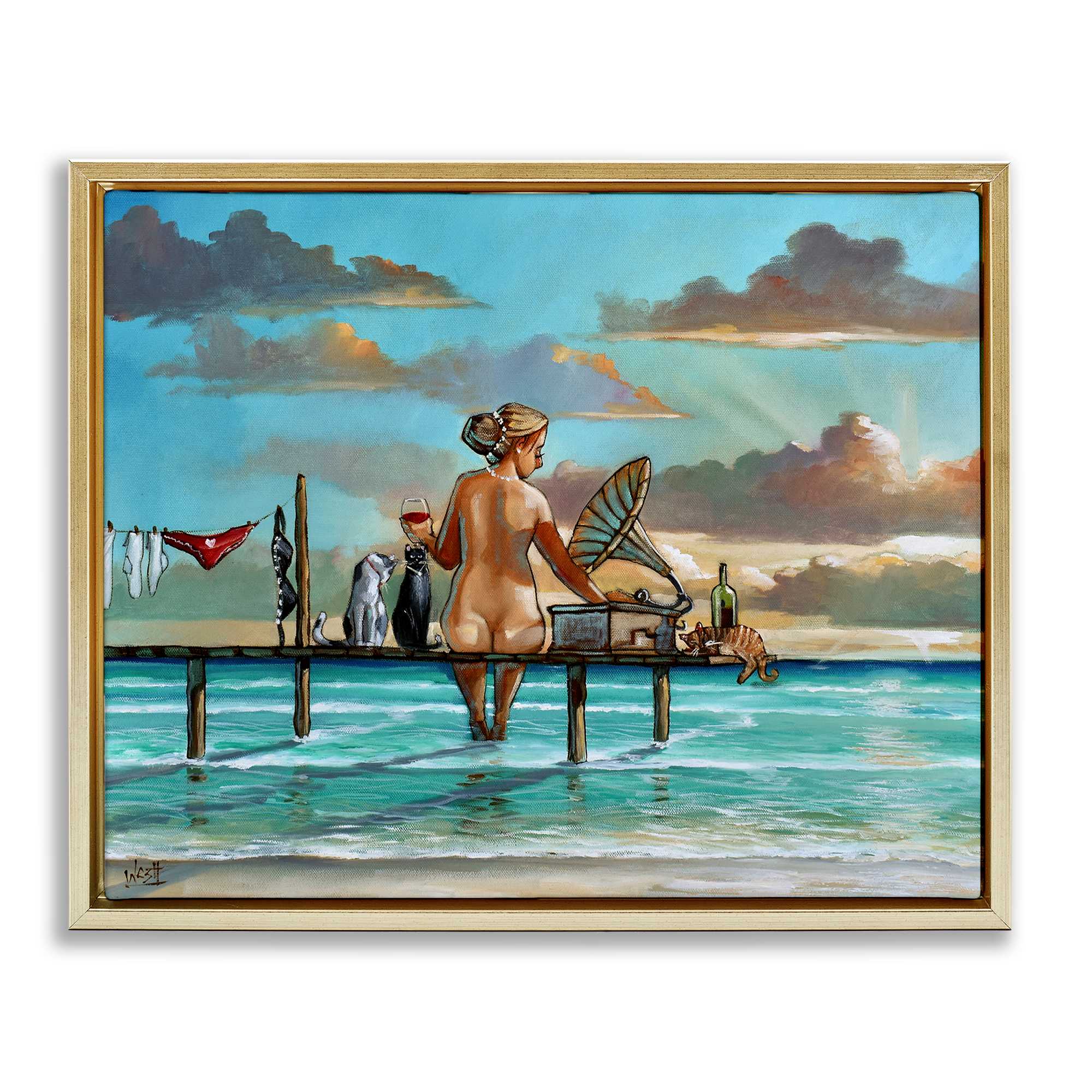 Stupell Industries BS-770-FFG-16X20 Woman and Cats Beach Sunset Gold Framed Floater Canvas Wall Art By Ronald West 21 x 17
