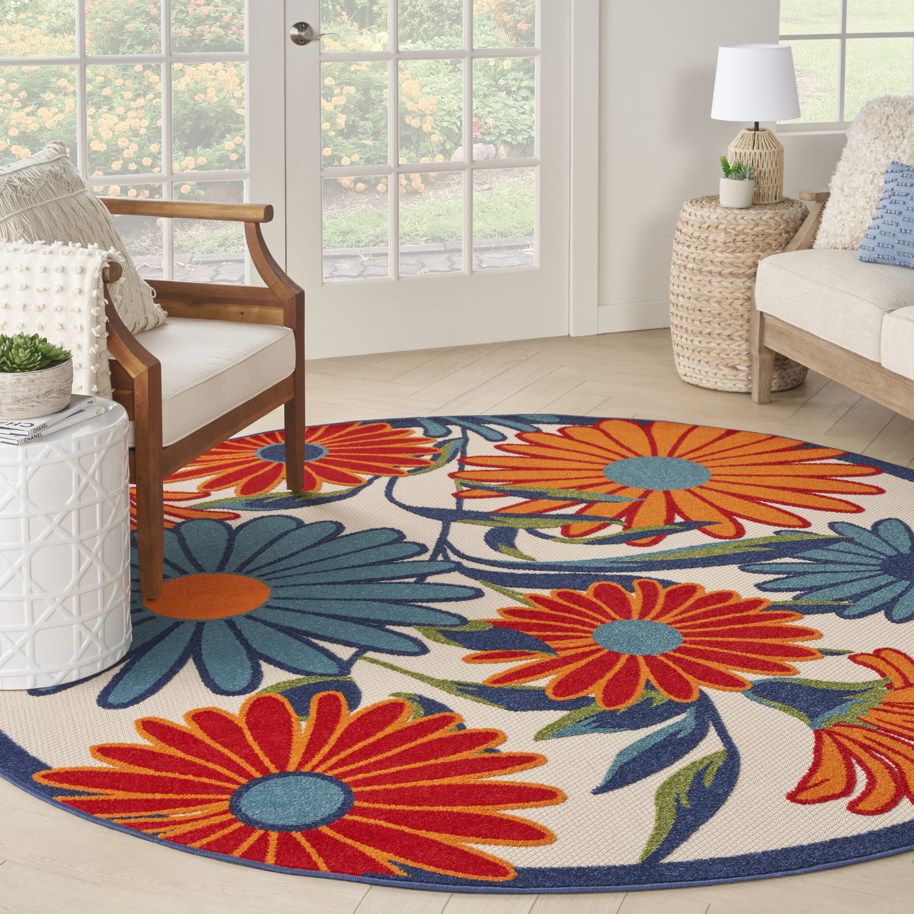 Nourison Home 099446933706 Aloha 5 x 5 (ft) Loomed Polypropylene Multicolor Round Indoor/Outdoor Floral/Botanical Area rug