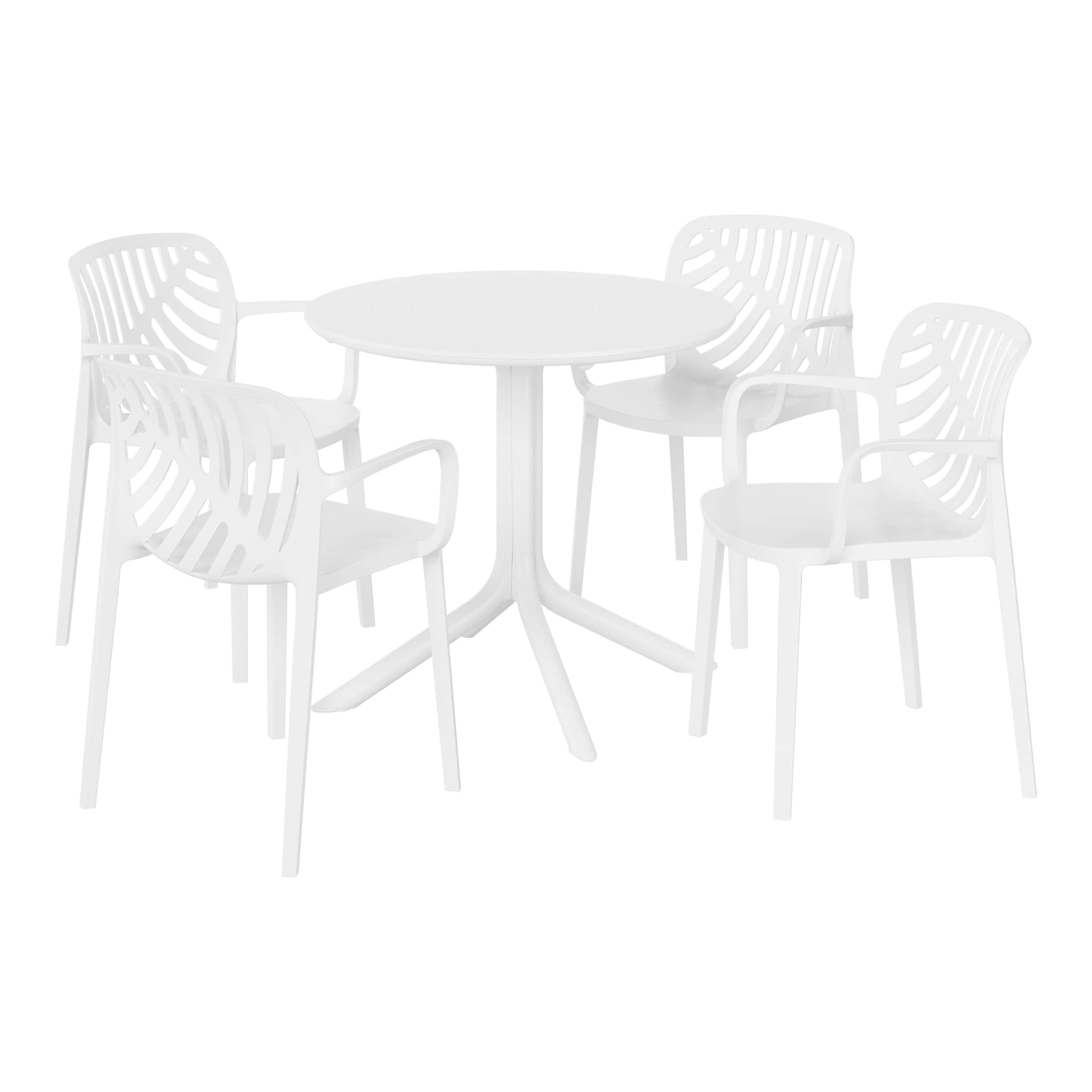 Westin Furniture OP3093-WH FrondForm 5 -Piece White Patio Dining Set Plastic Round Table with 4 Stackable Stationary Chairs