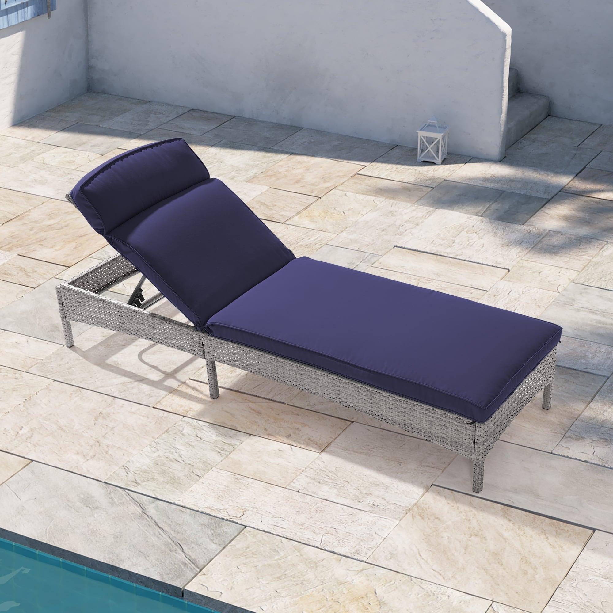 ACEGOSES LW-723-NY Patio chairs Wicker Navy Blue Steel Frame Stationary Chaise Lounge Chair with Navy Cushioned Seat