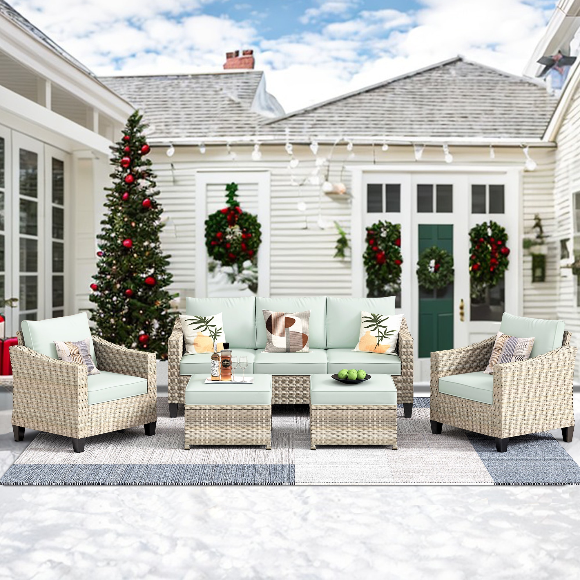 Pouuin SDAR905 5 -Piece Rattan Patio Sofa Conversation Set with Green Cushions