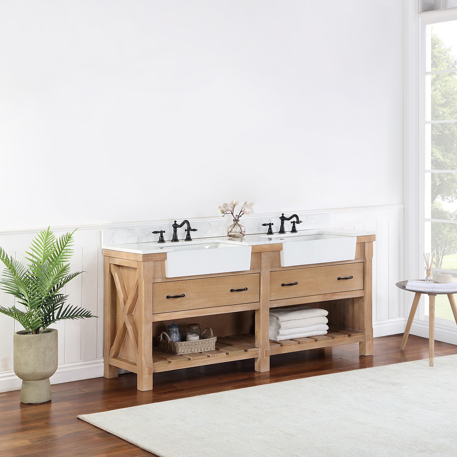 Weathered Pine Double Sink Vanity with White Stone Top