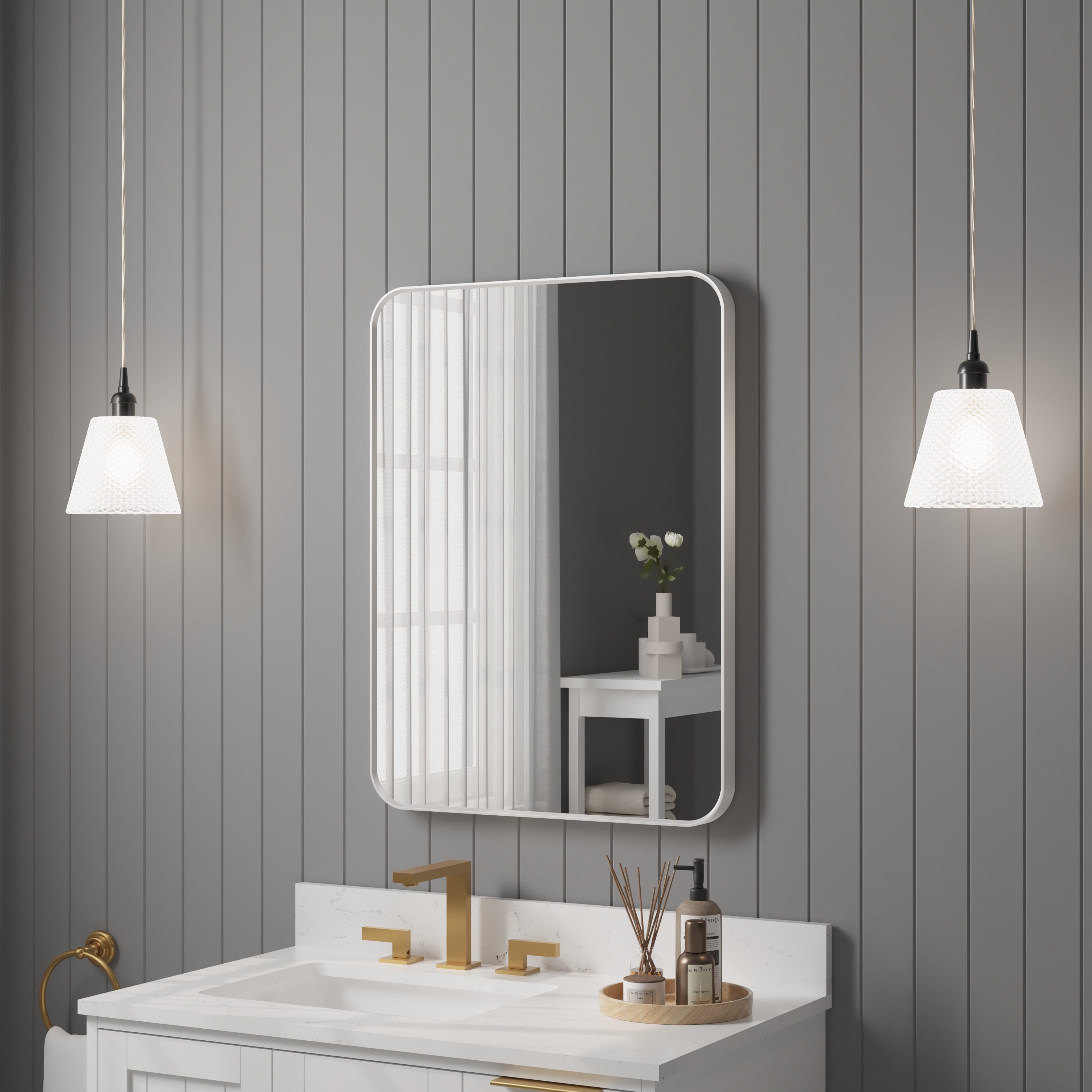 WELLFOR DTG-301CP12 Bella 24-in x 32-in Framed Rectangle Bathroom Vanity Mirror ( White )