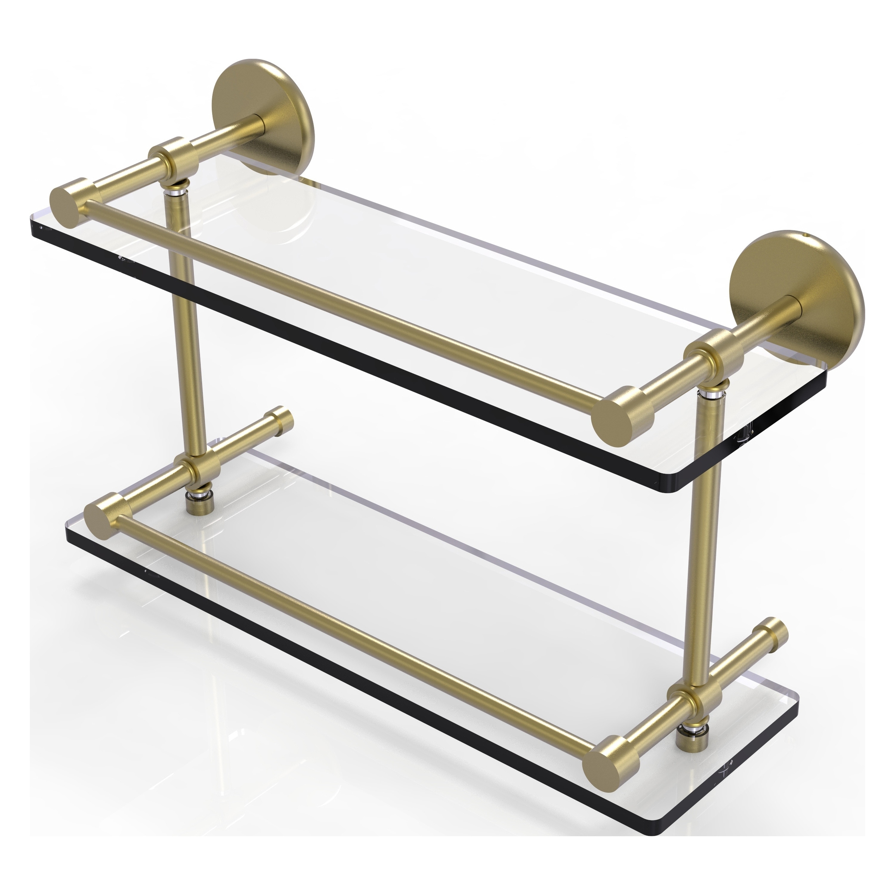 22 in. L x 8 in. H x 5 in. W 2-Tier Clear Glass Bathroom Shelf with Gallery  Rail in Satin Nickel