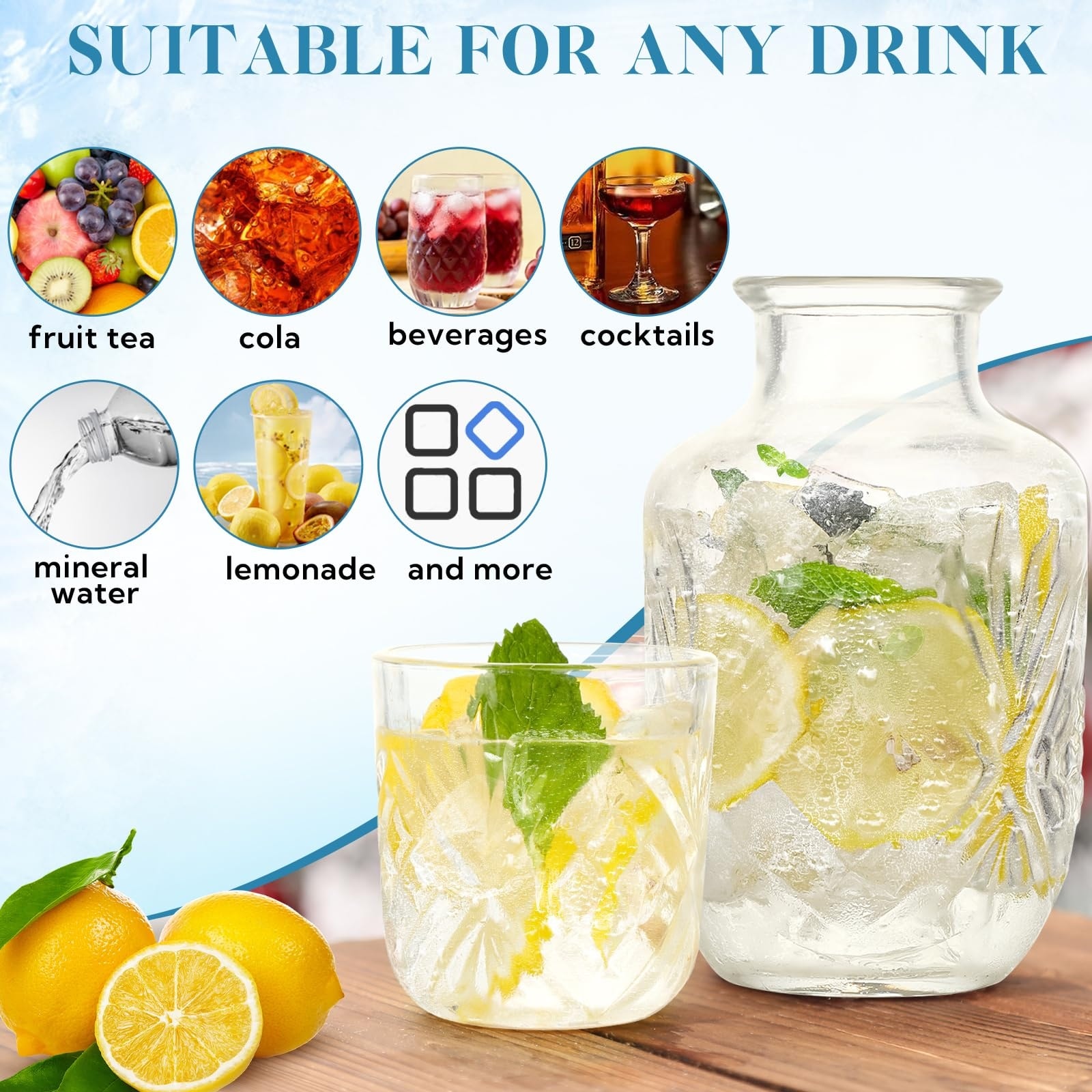 Aoibox  3 Set 18 oz Bedside Glass Water Carafe with 5 oz Matching Cup and Floral Engraved Pattern for Bedroom