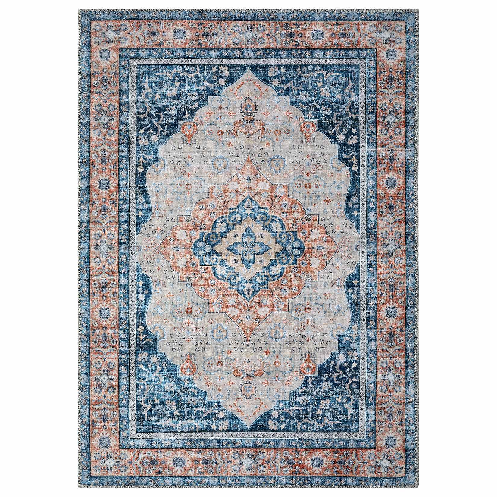 Qeetex LSN-PHO-0ZH2QJYU 9 x 12 ft Polyester Chenille Blue Orange Rectangular Hallway Bathroom Entryway Kitchen Office Foldable Flower Printed Victoria Washable Area Rug
