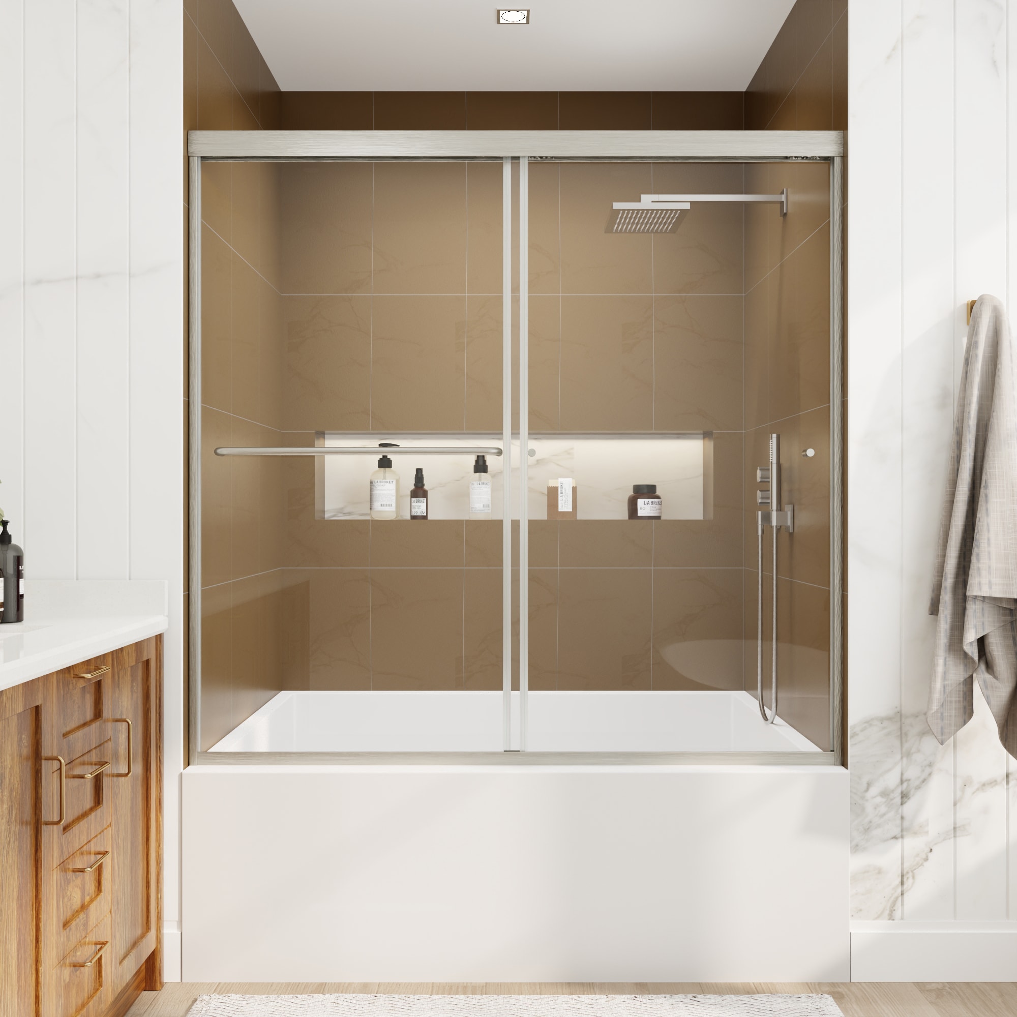 ES-DIY Brushed Nickel 56-in to 60-in W x 58-in H Framed Clear Glass Sliding Alcove Shower Door