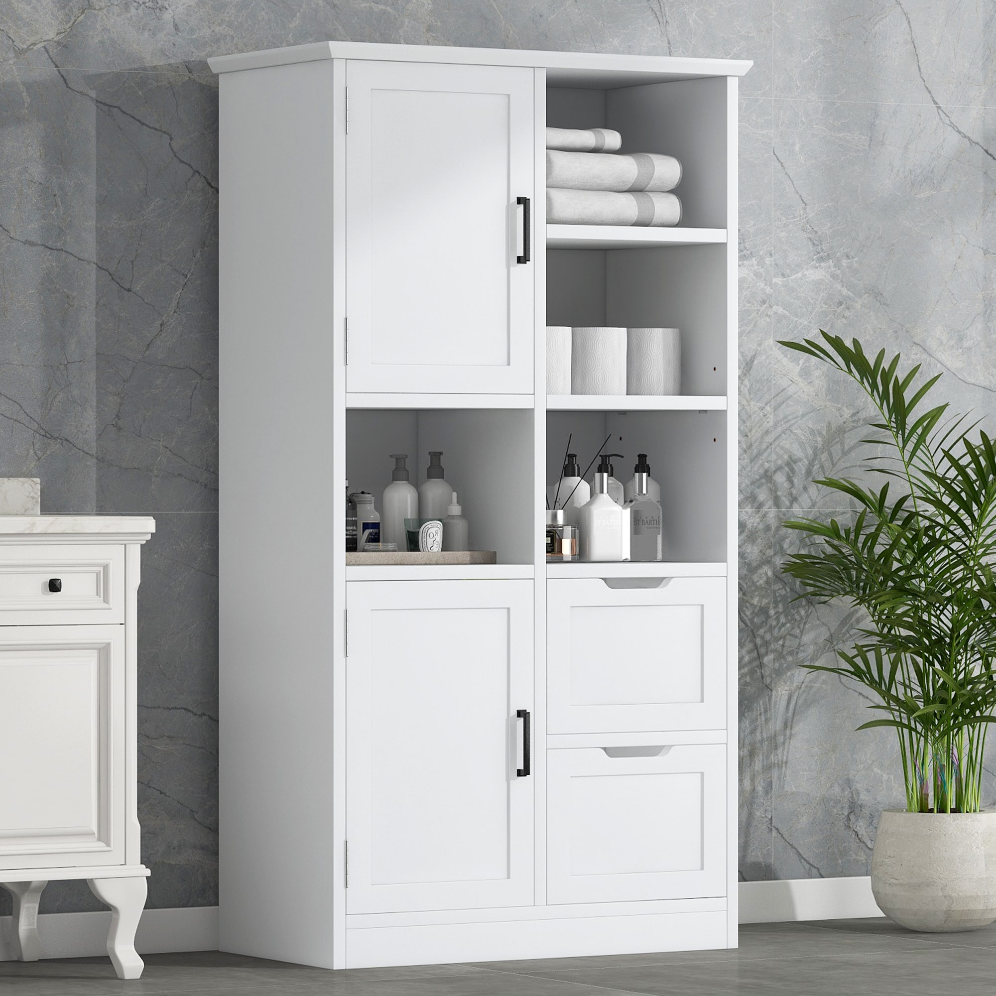 GDFStudio Freestanding Bathroom Storage Cabinet with Doors and Drawers and Multiple Storage Space and Open Adjustable Shelves White