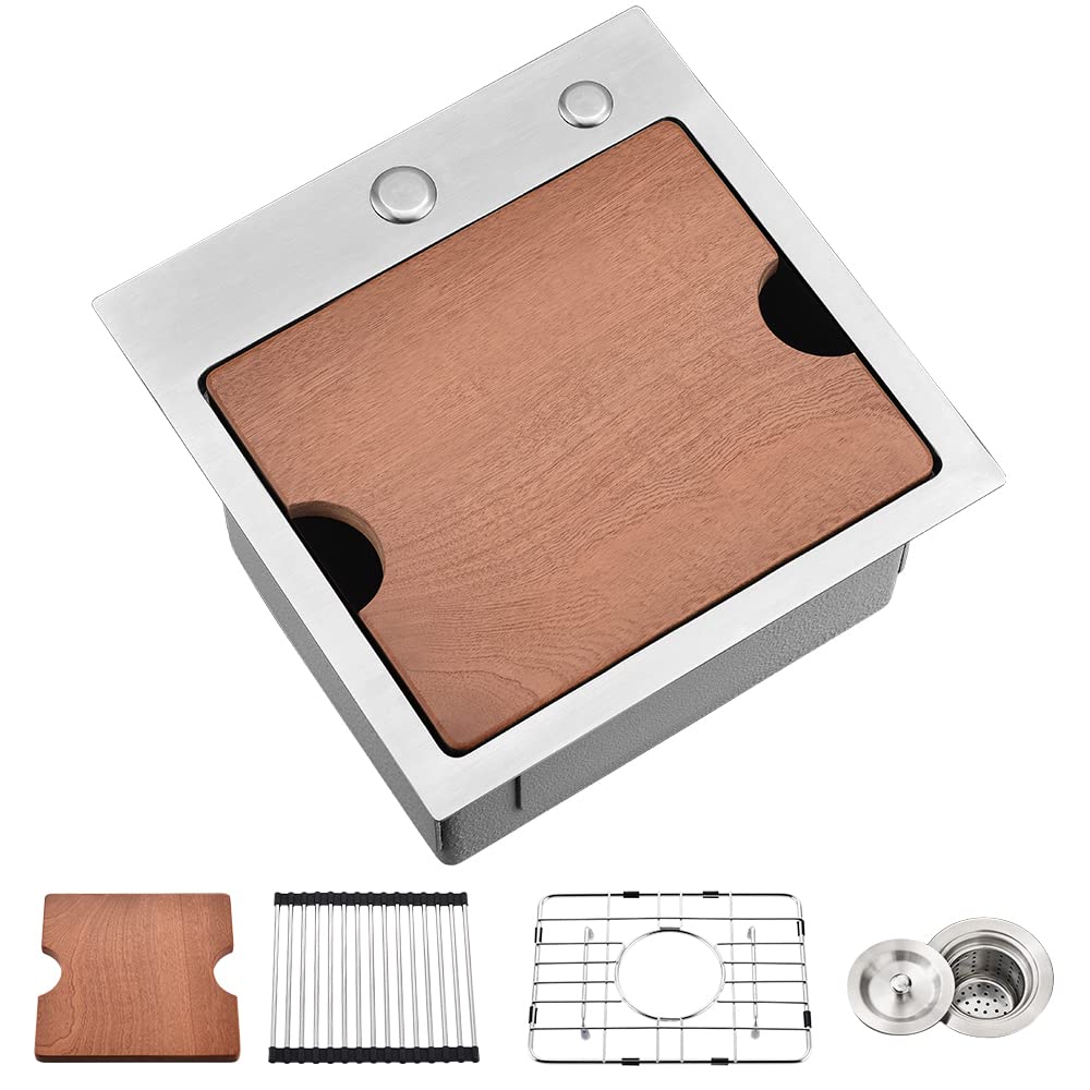 Aoibox 15 in Drop In Single Bowl 16 Gauge Stainless Steel Workstation Topmount Bar Prep in Brushed Satin #LAB5K5QA