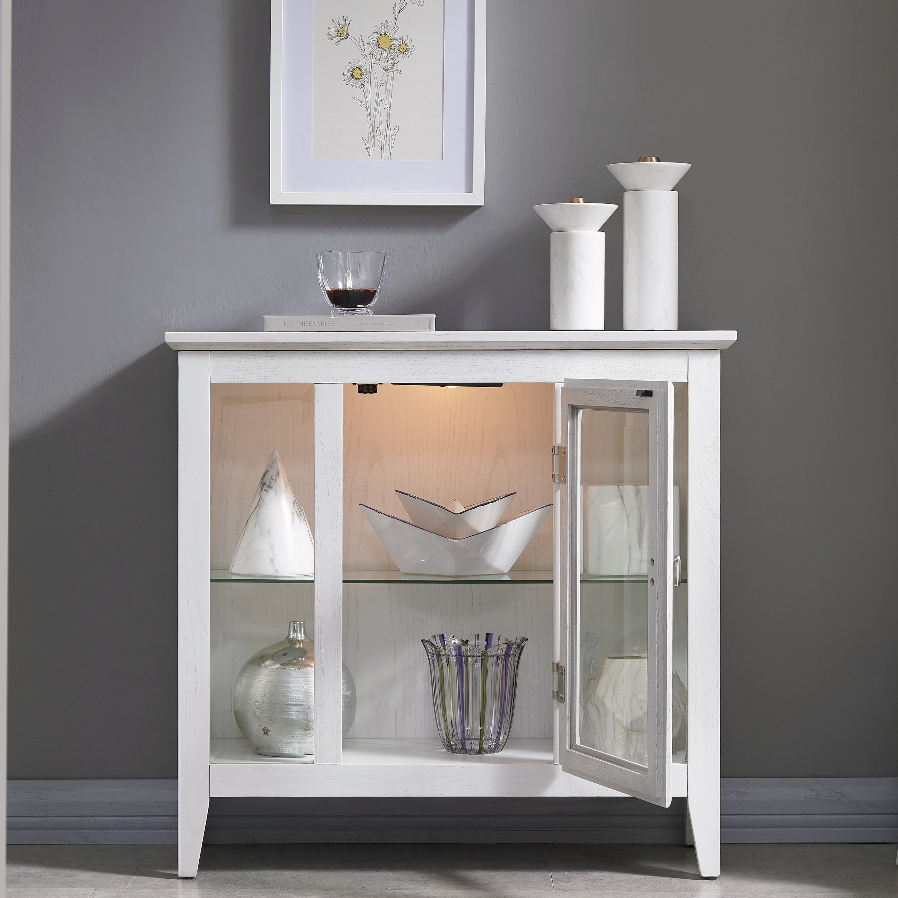 Weathered White Lighted Wood Curio Cabinet with Glass Shelves