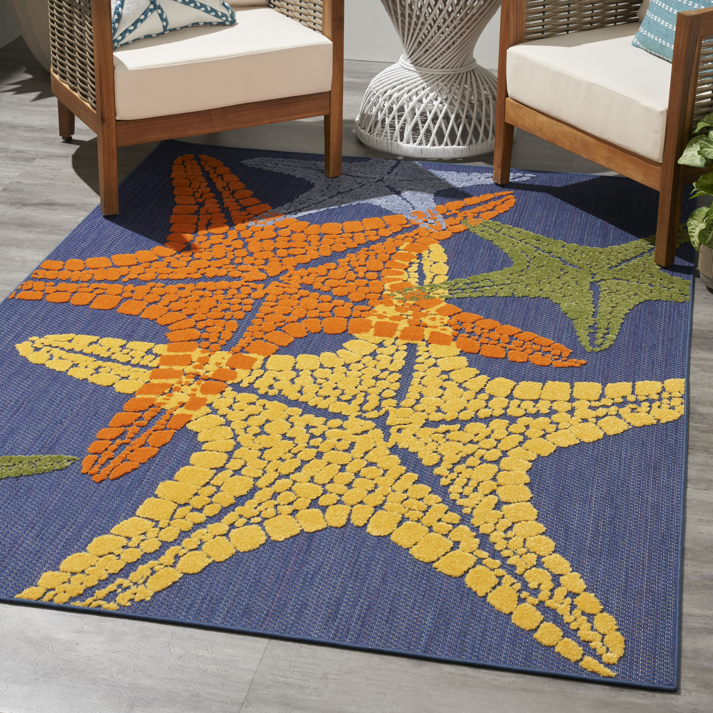 Nourison 099446921765 Aloha 5 x 8 (ft) Loomed Polypropylene Blue Multicolor Rectangular Indoor/Outdoor Floral/Botanical Area rug