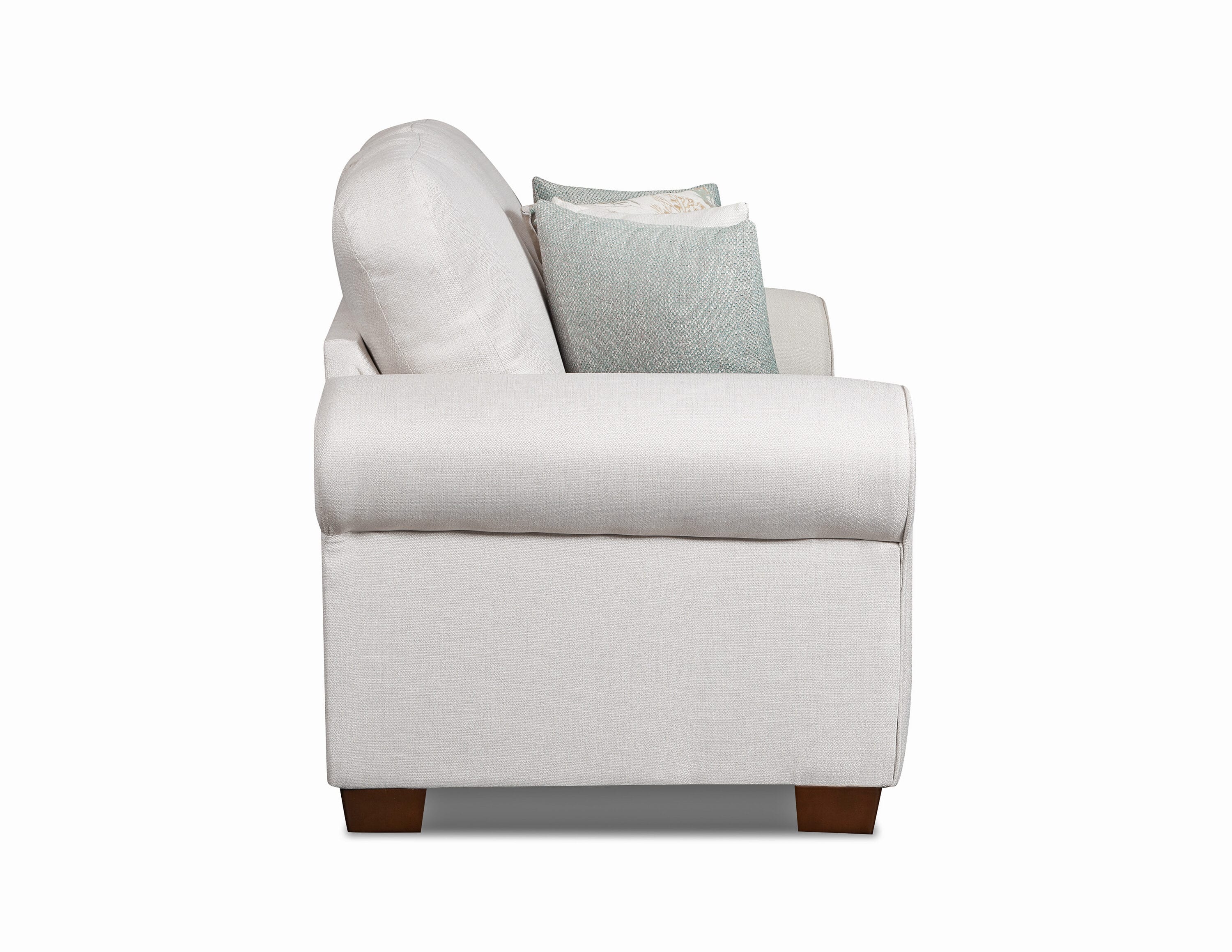 White Polyester Round Arm Sofa with Teal and Tan Pillows