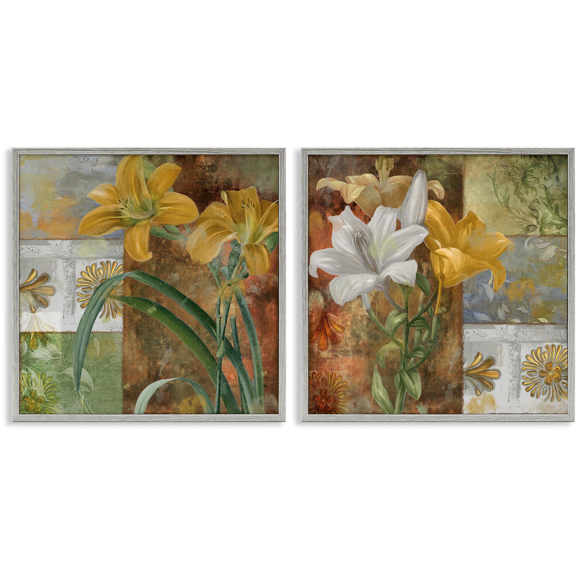 Stupell Industries B2-809-GFF-2PC-17X17 Lilies and Vintage Tile Patterns 2 Piece Gray Framed Giclee Art Set By Sasha 17 x 17