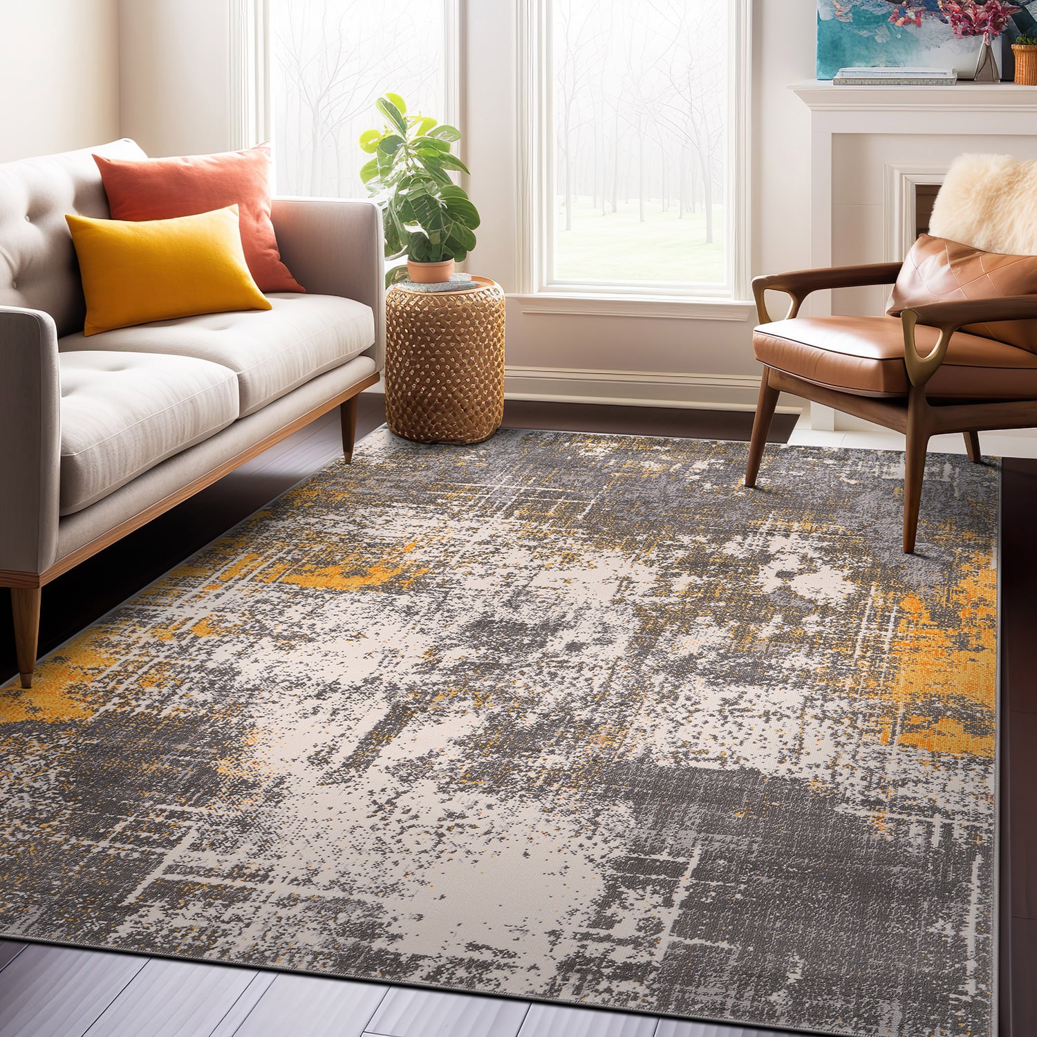 World Rug Gallery 4059YELLOW3X5 3 x 5 (ft) Loomed Polypropylene Yellow Rectangular Indoor Abstract Vintage Area rug