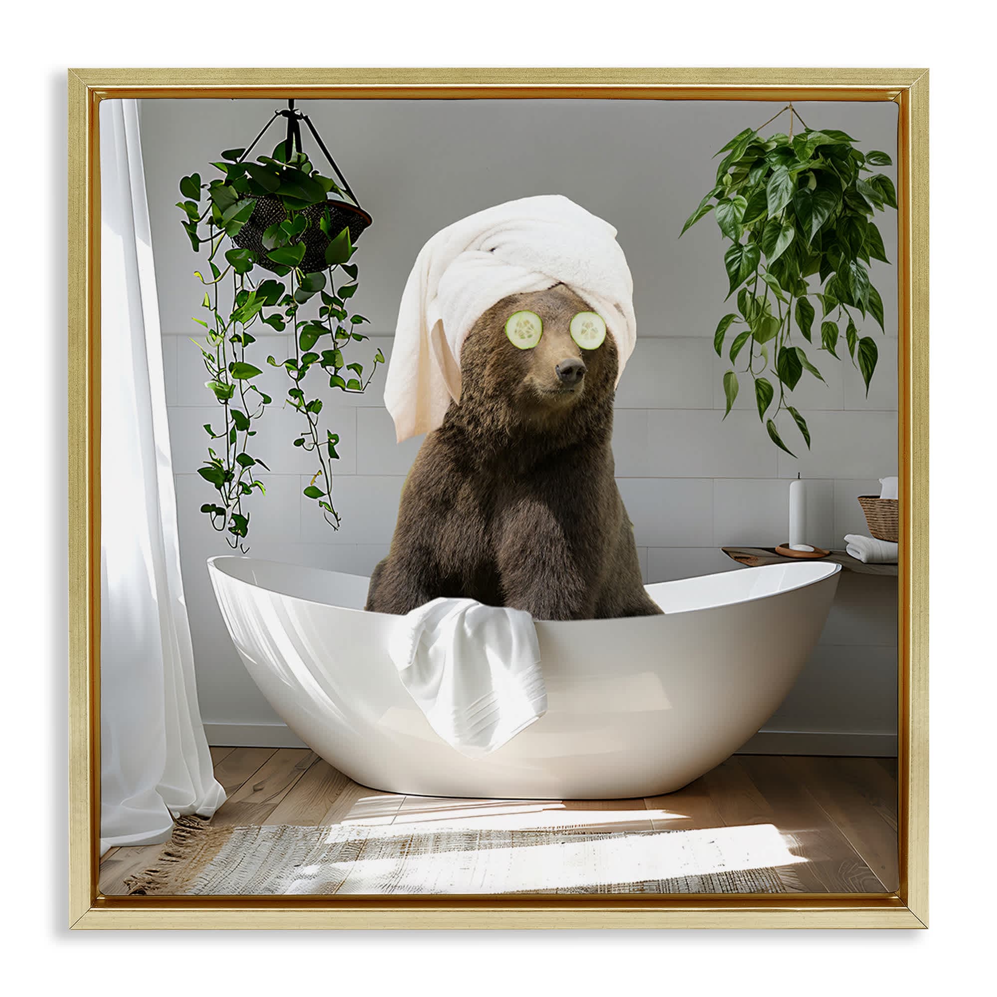 Stupell Industries BS-142-FFG-17X17 Bear in Refreshing Spa Bath Gold Framed Floater Canvas Wall Art By CAD Designs 18 x 18