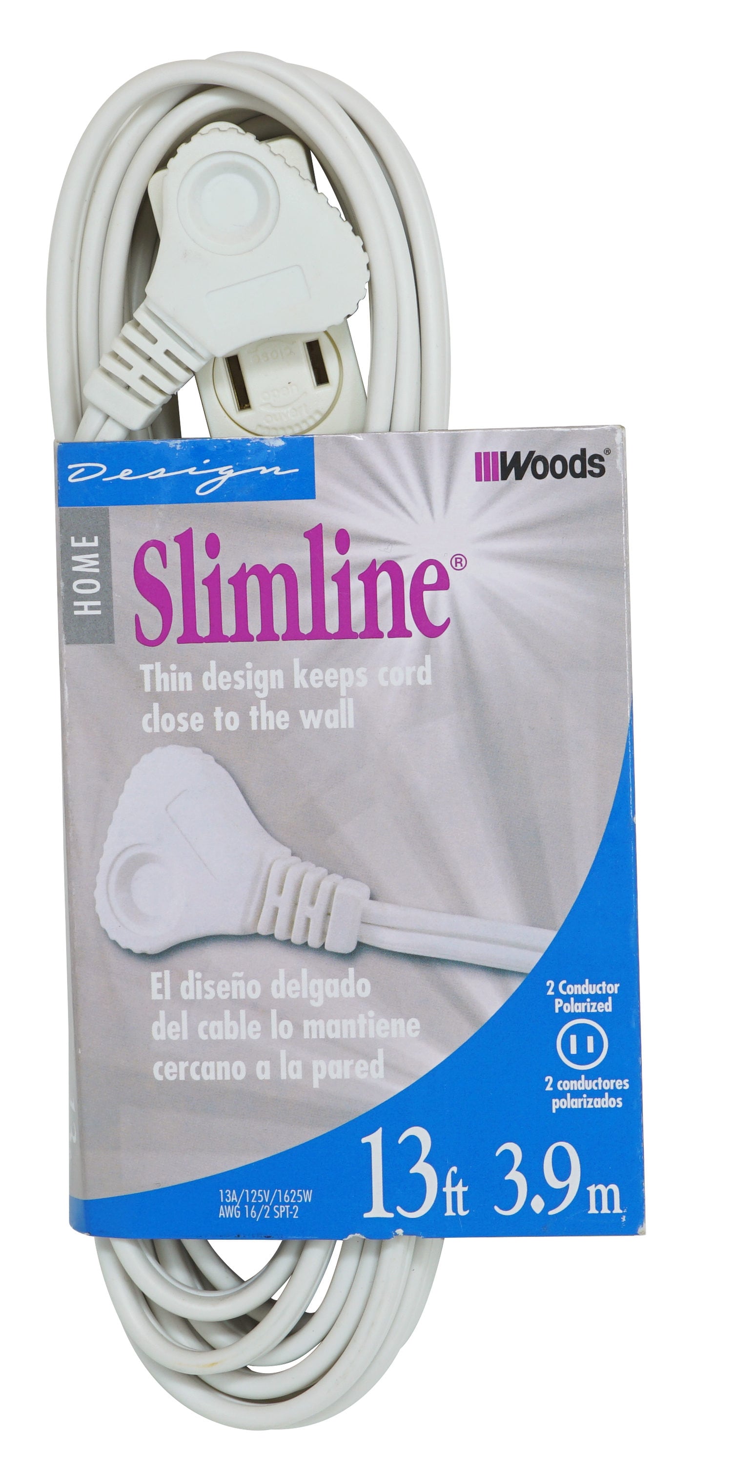 Slimline Extension Cord, 16/2 SPT-2, White, 13