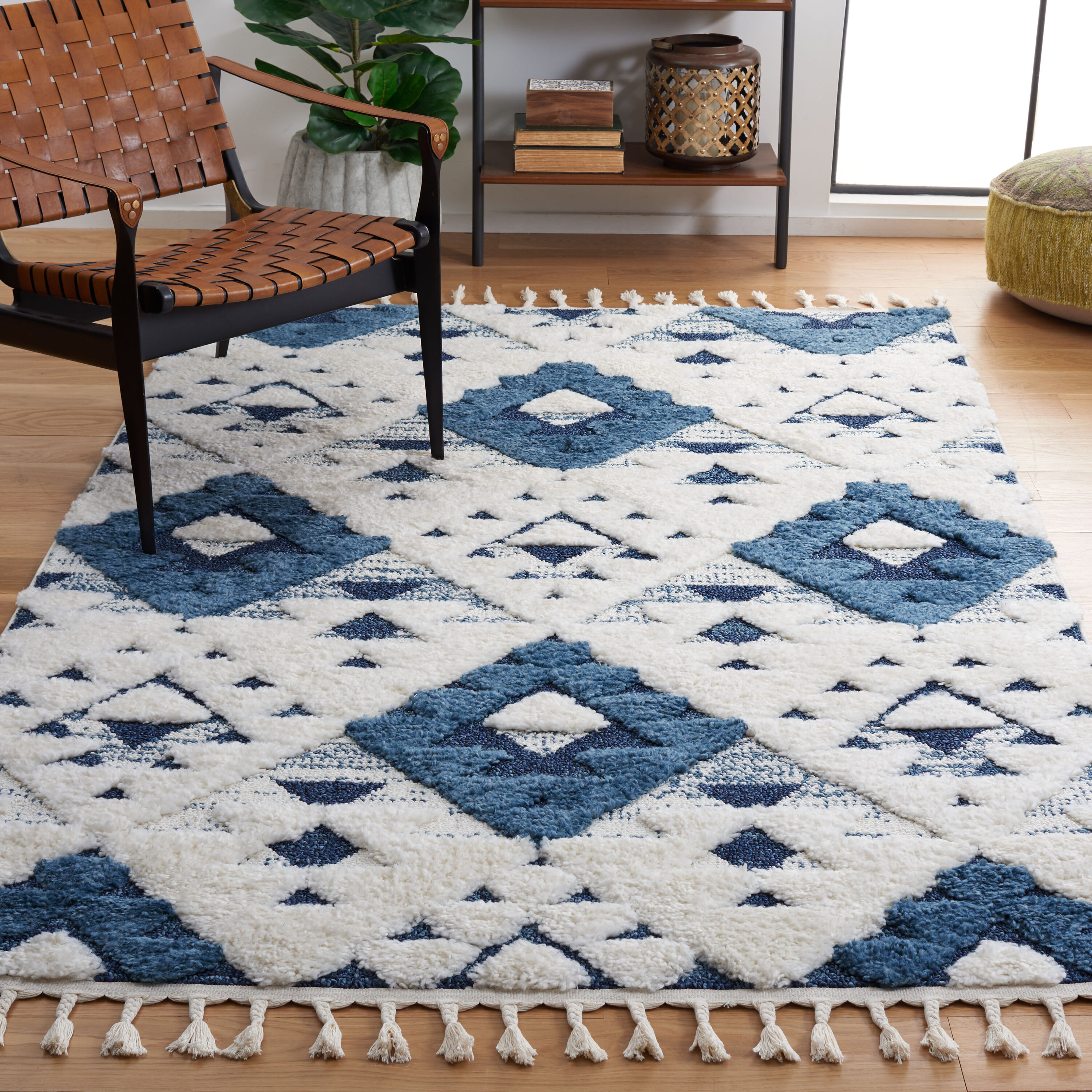 Safavieh MTS688M-5 Moroccan Tassel Shag 688M Blue Ivory Southwestern Medium Rectangle 5ft-3-in x 7ft-6-in Rug