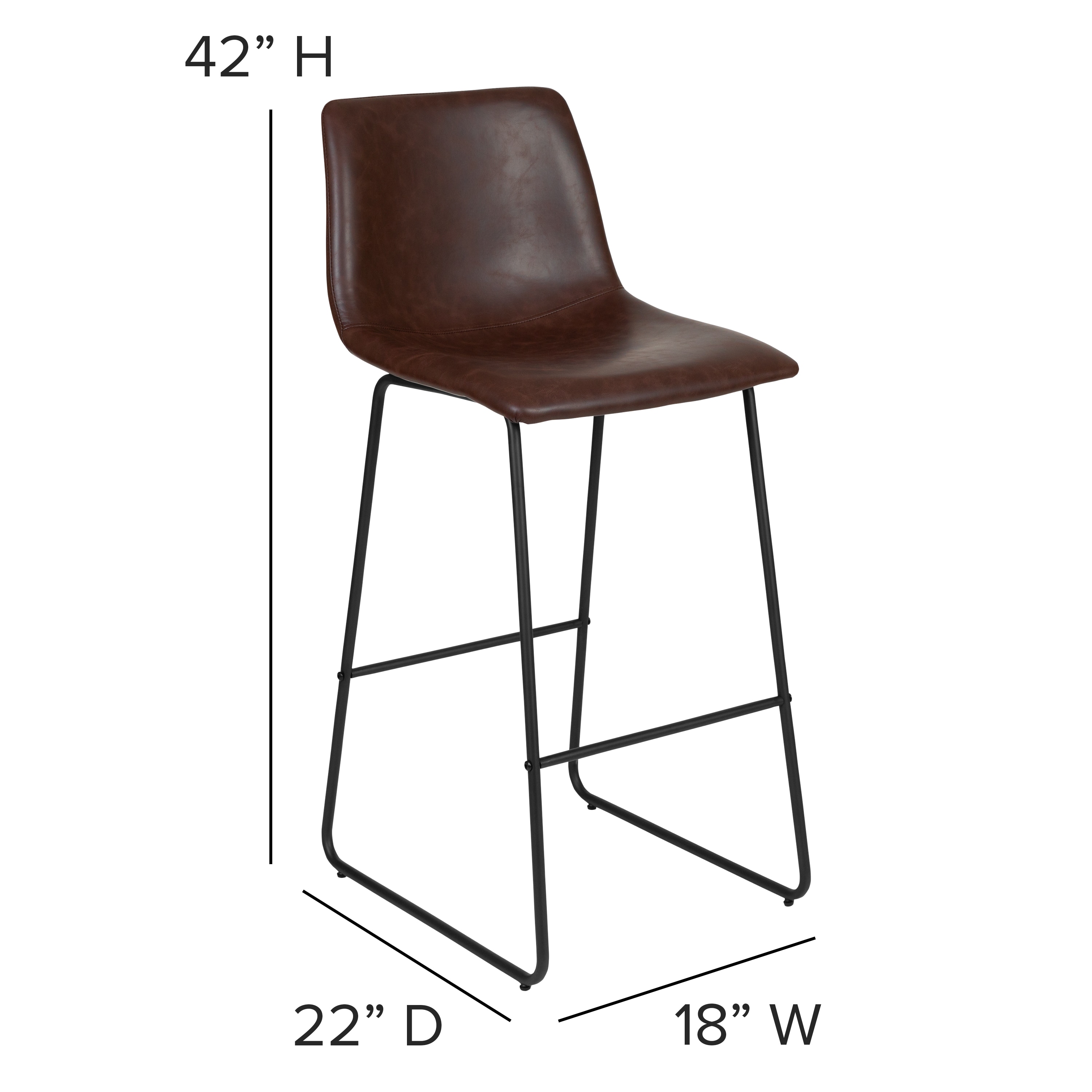 Dark Brown Leather and Metal Bar Height Stools, Set of 2