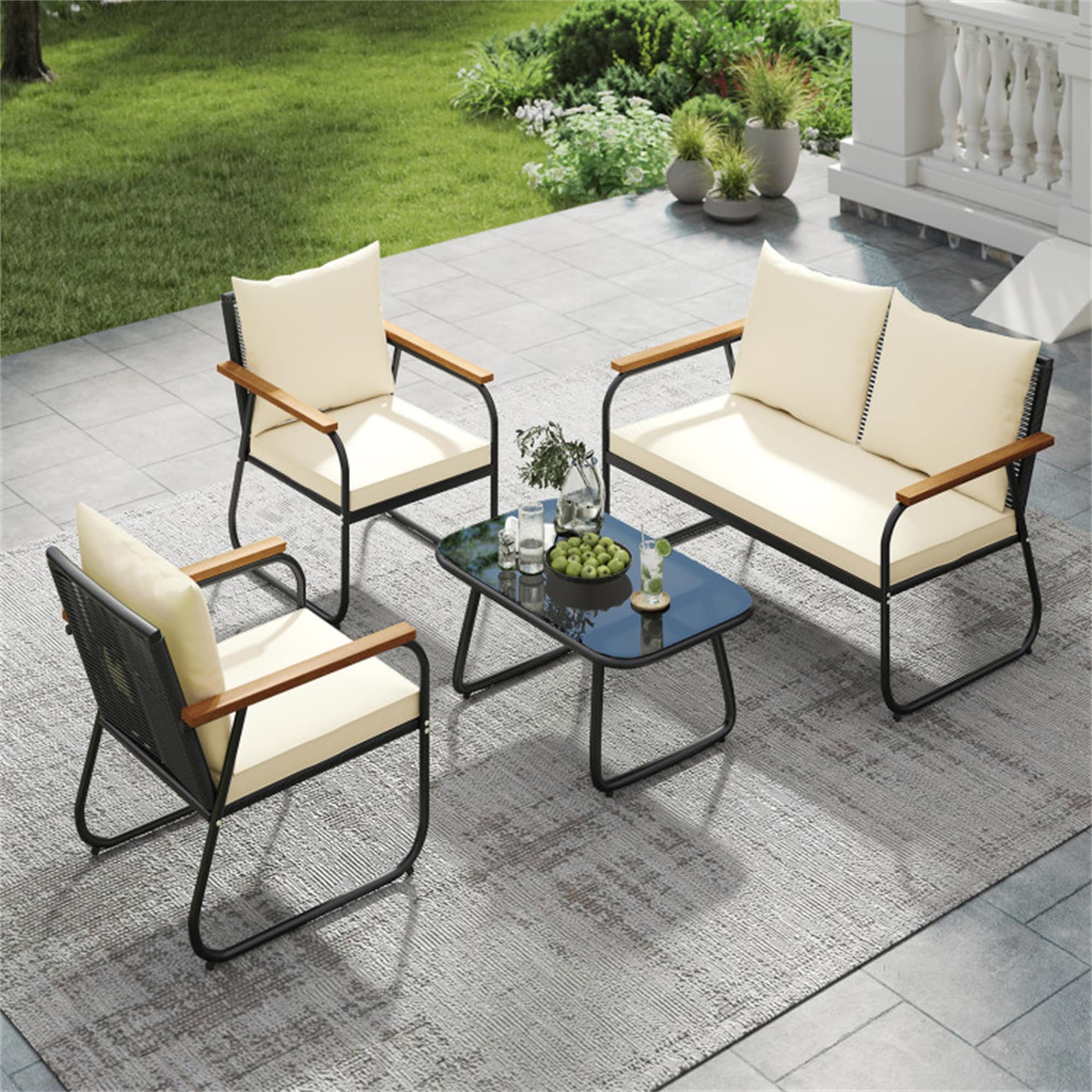 BABOOM BOM-11575BN-OR Patio Furniture Set 4 -Piece Rattan Patio Conversation Set with Off-white Cushions