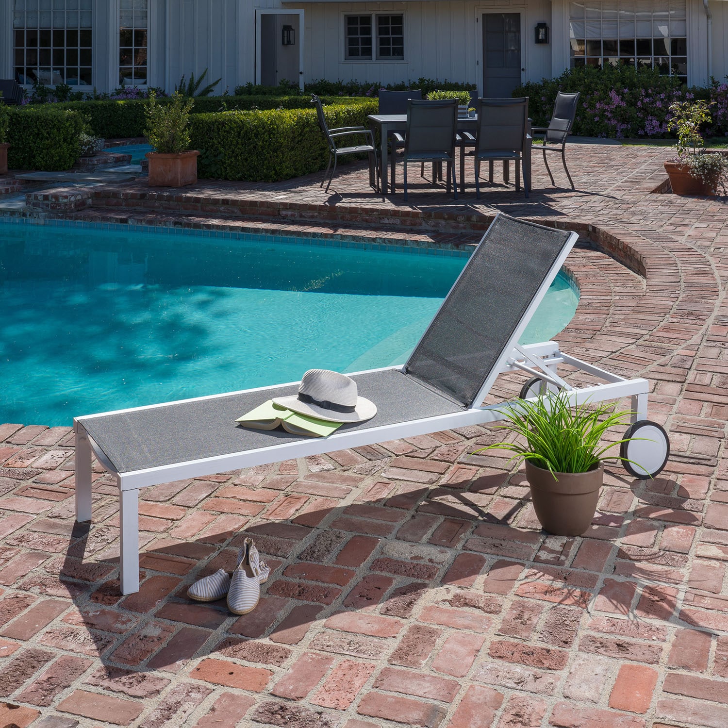 Hanover WINDCHS-W-GRY Windham White Metal Frame Stationary Chaise Lounge Chair with Gray Sling Seat