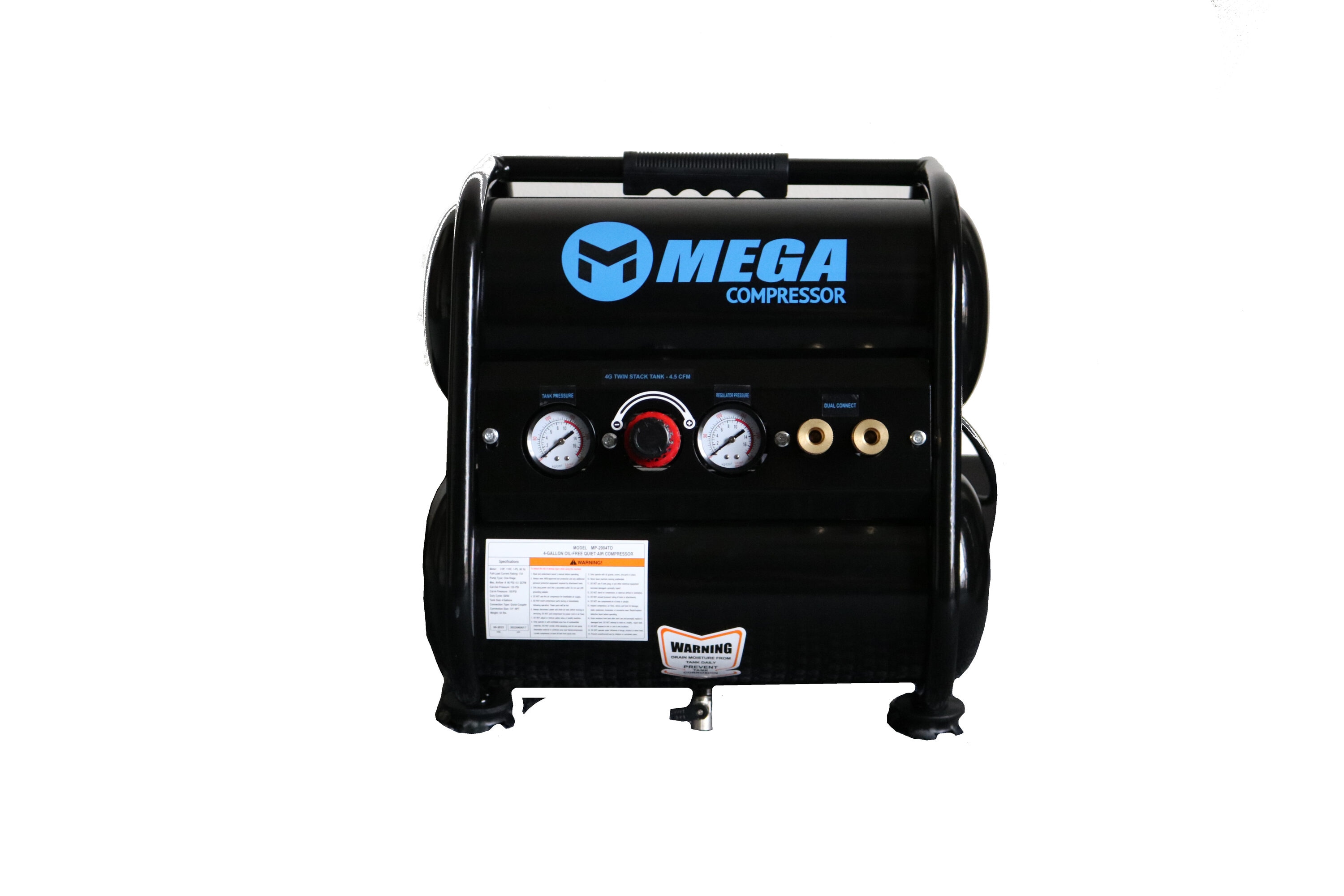 4-Gallons Portable 135 Psi Twin Stack Quiet Air Compressor | - MEGA Compressor MP-2004TO