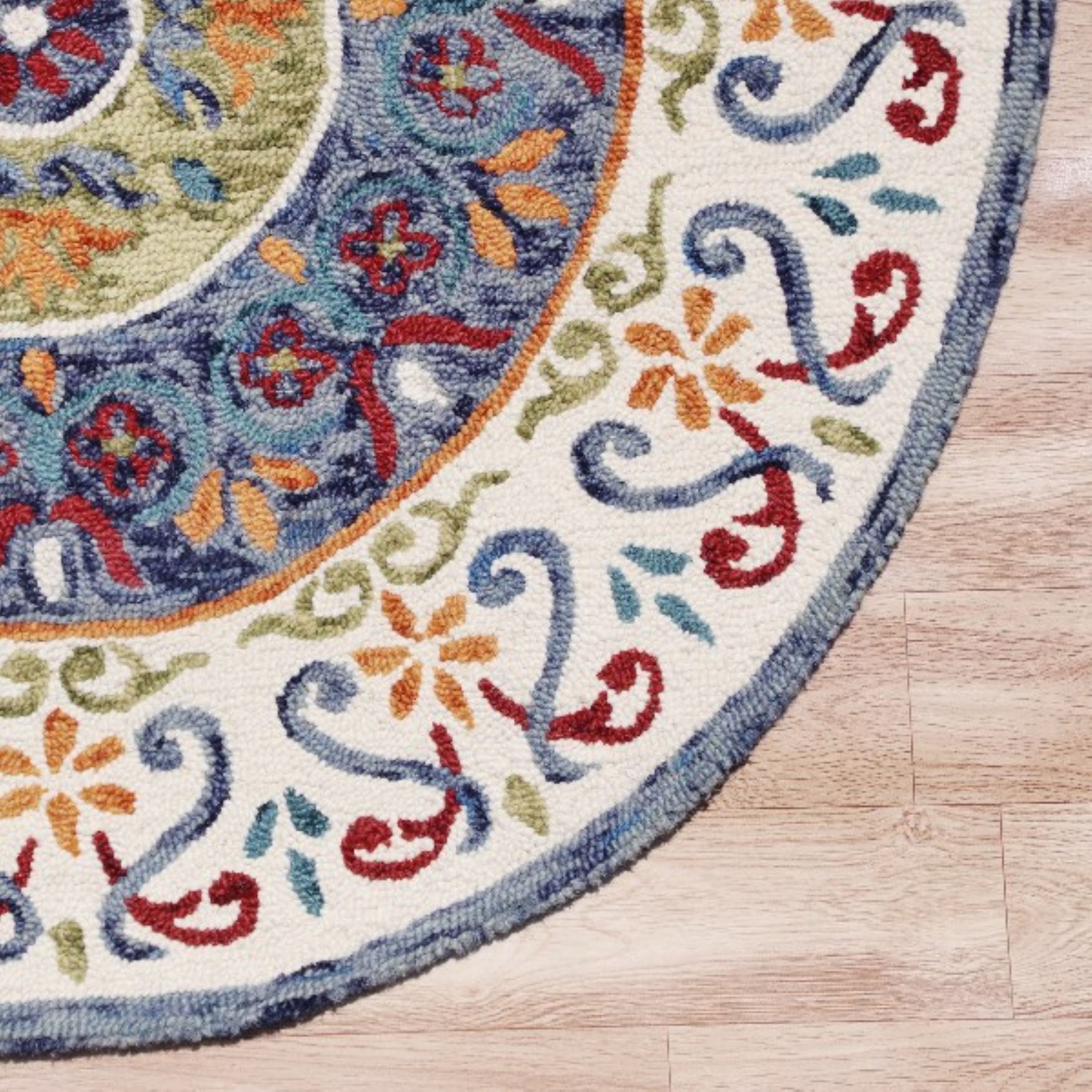 Handmade Blue and Multicolor Wool Round Medallion Rug