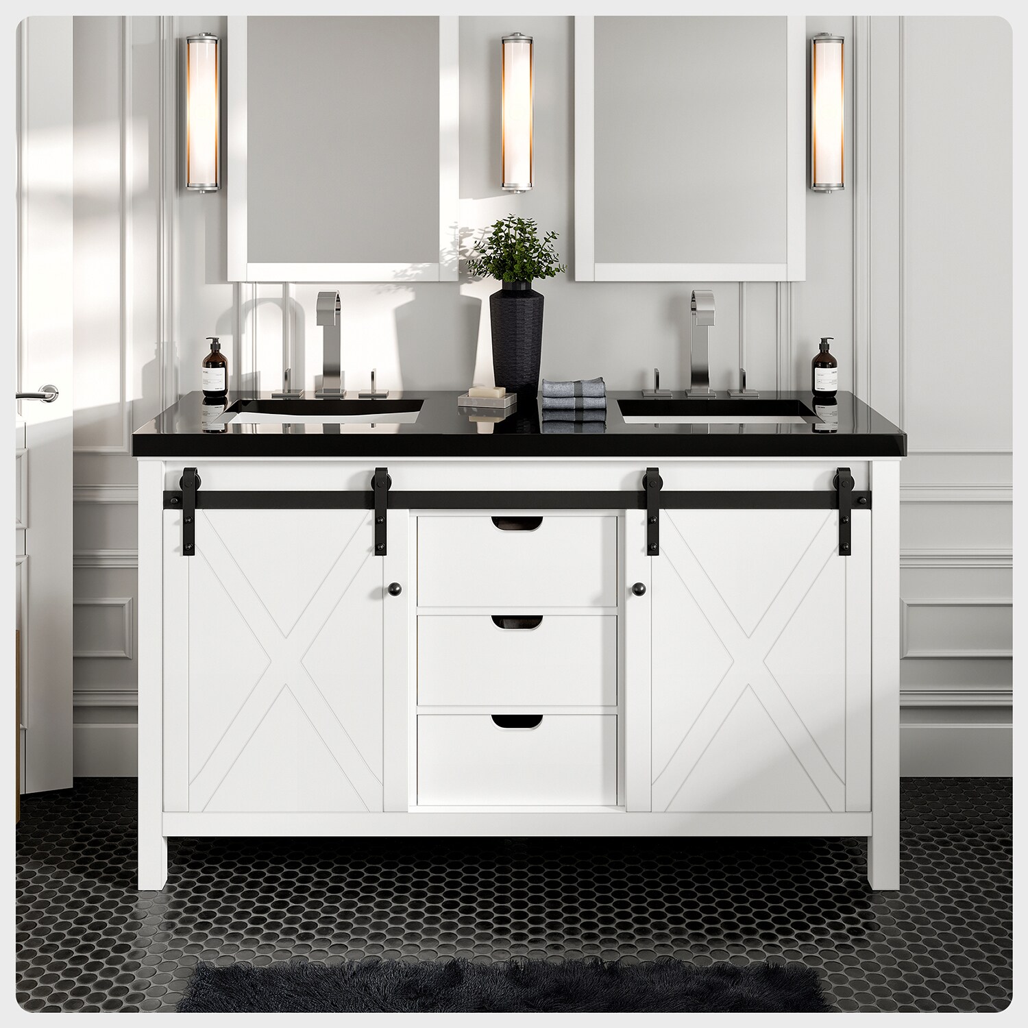 Eviva EVVN529-60WH 59-in White Undermount Double Sink Bathroom Vanity with White Granite Top
