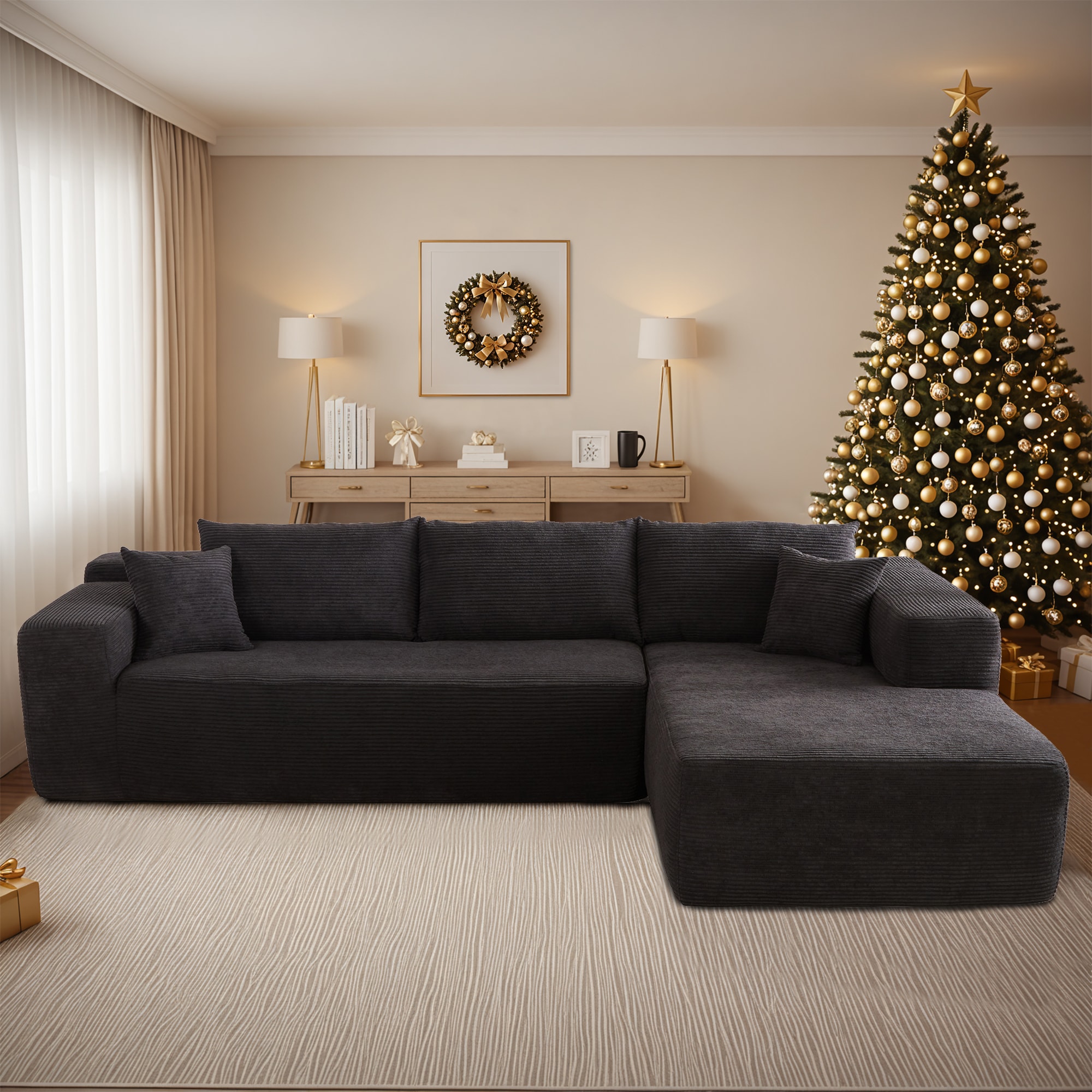 Pouuin SVIVI-400R 106.2-in Casual Black Corduroy 3 -seater Sectional