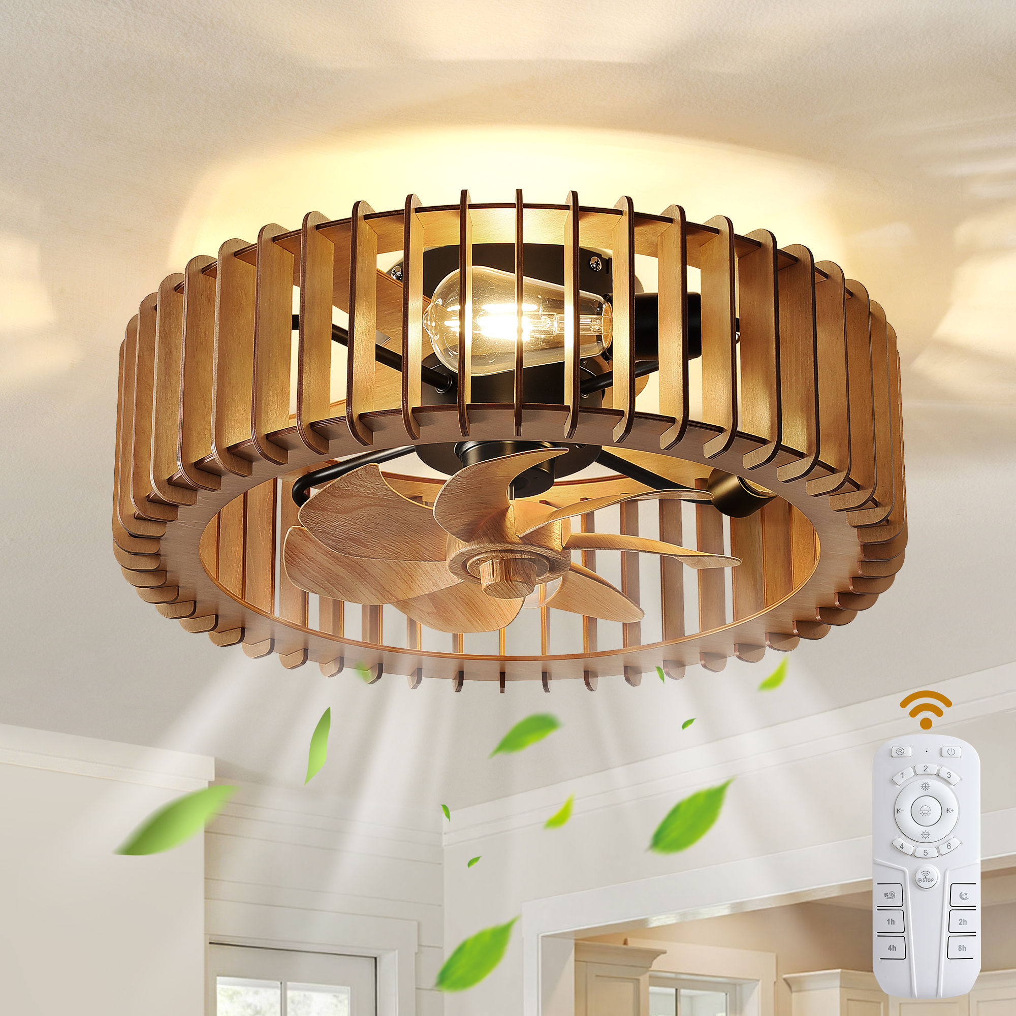 KAISITE 20-in Indoor Brown Farmhouse Wooden Cage Flat Ceiling Fan With Light And Remote Control 6-Speed Reversible Motor