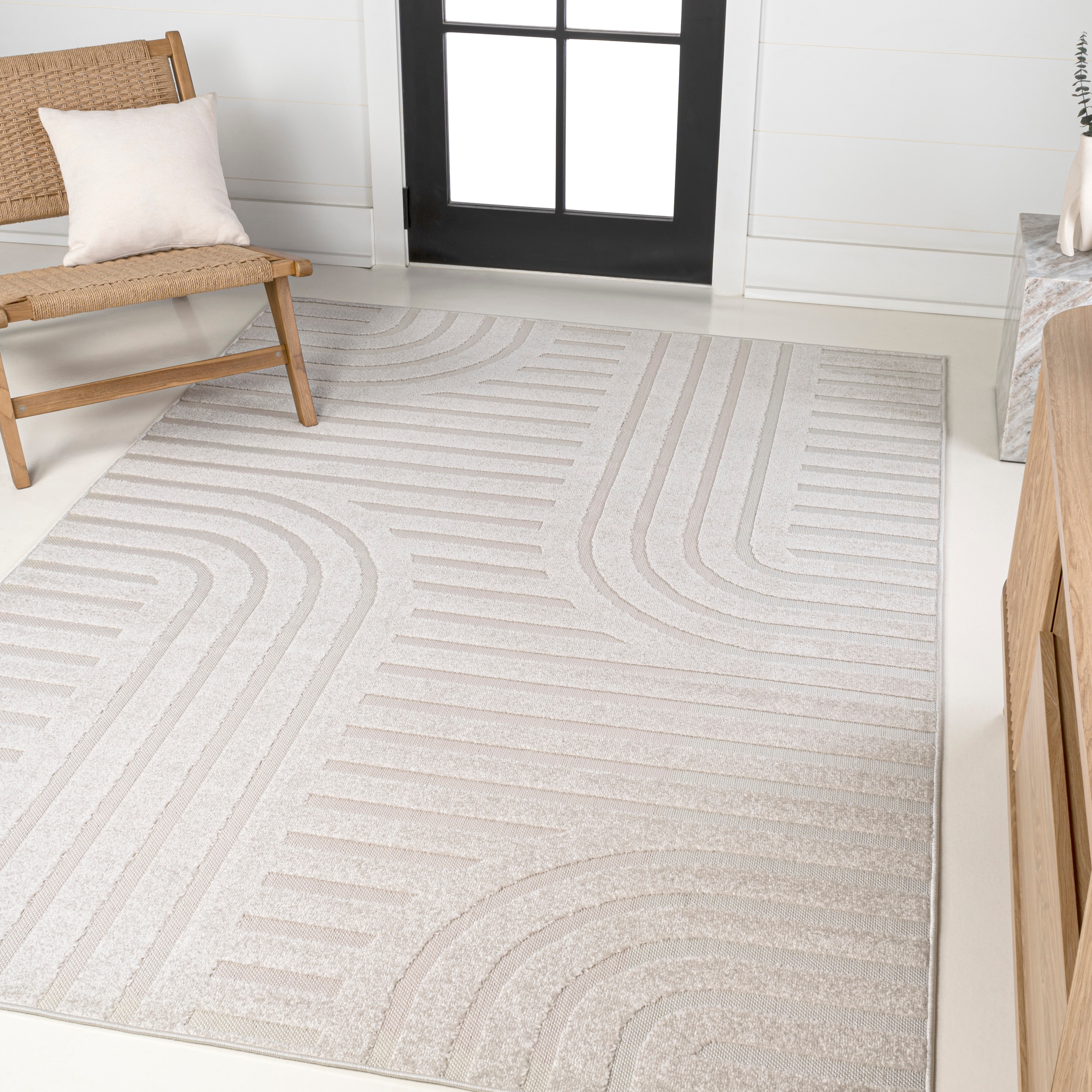 JONATHAN  Y SCN107B-4 SCANDINAVIAN Anders High-Low MidCentury Arch Two-Tone 4 x 6 (ft) Loomed White/Cream Rectangular Indoor/Outdoor Stripe Mid-Century Modern Pet Friendly Area rug