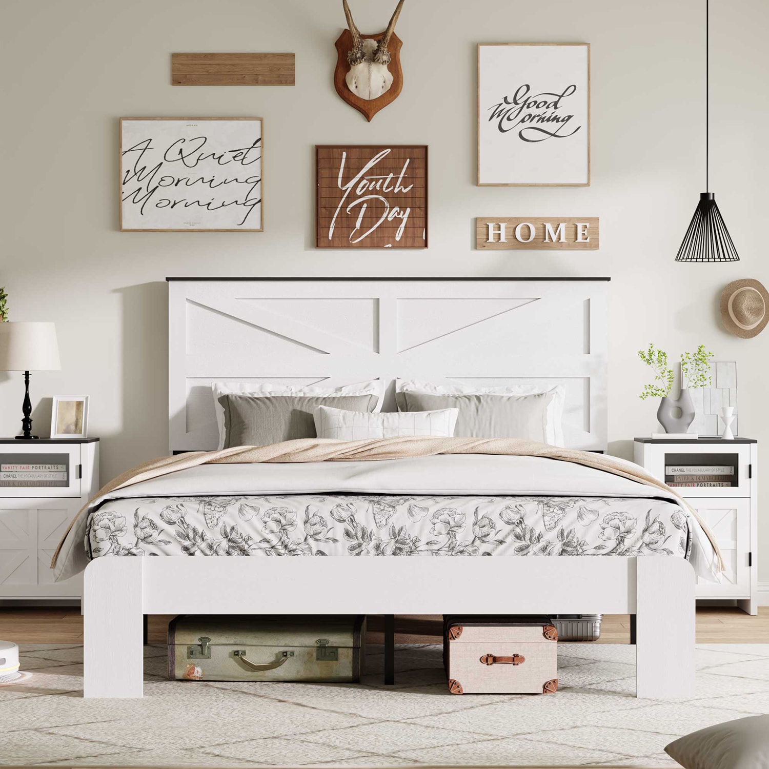 GZMR Queen White Bed Frame with Headboard